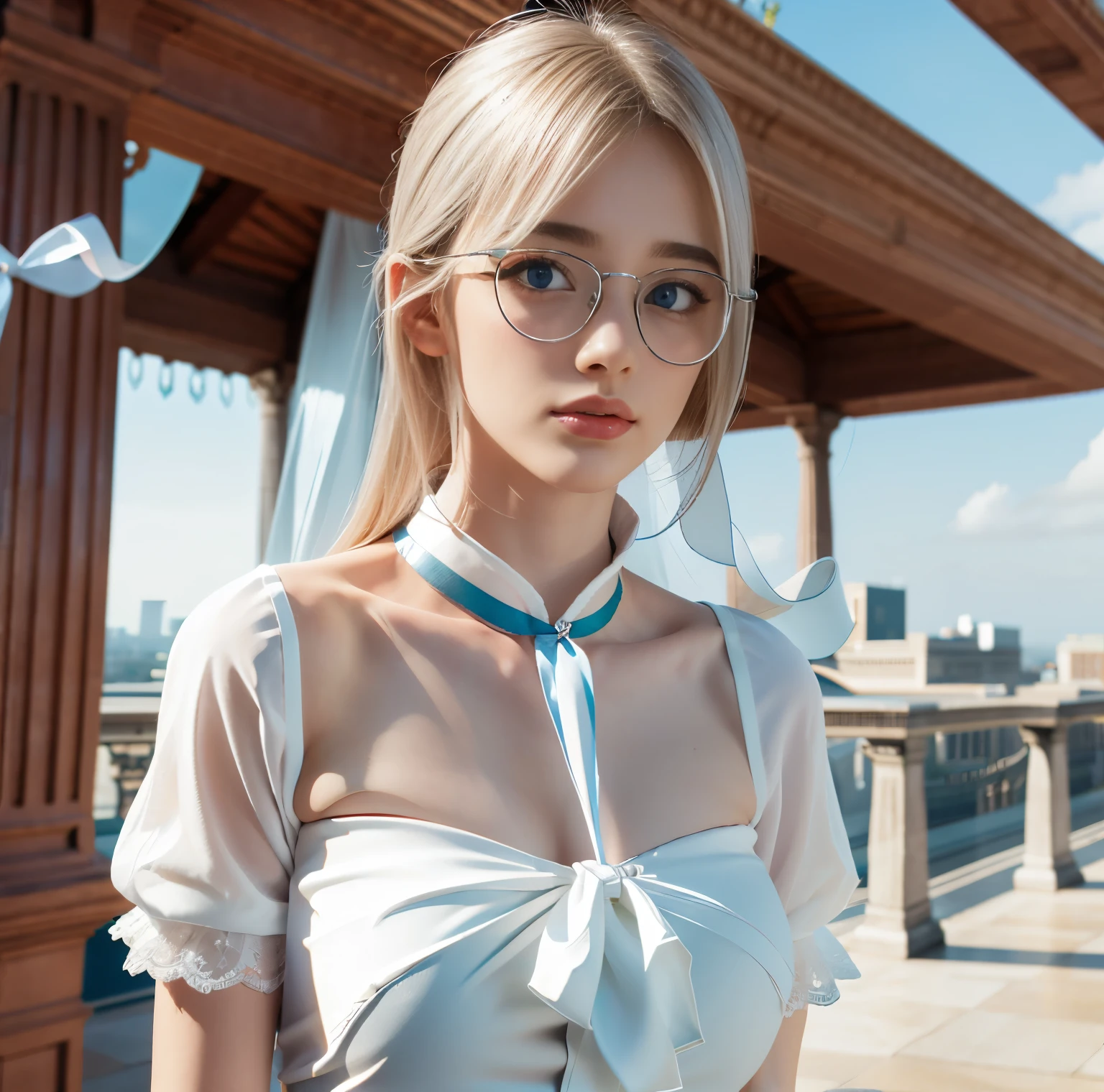Round glasses、Silver hair in loose braids、Neat and young face、20yr old、japanes、White and light blue lace fabric bra、White and light blue lace fabric panties、attractive white body、Detailed body、Kamimei、Colossal tits、perspiring、red blush、Embarrassed expression、Open your legs to make your crotch look embarrassed、Slightly arched upper body posture、French-style bedroom next to large windows, Warm atmosphere, photograph, Photo Shot, Shot with Panavision Panaflex Platinum camera equipped with Panavision Primo Prime spherical lens 75mm T1.9