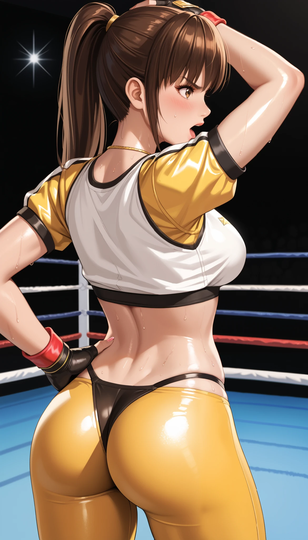 LeiFangDOA, brown hair, (long brown straight hair:1.5), shiny crop top, shiny yellow leggings, undressing leggings:1.5, short sleeves, fingerless gloves, breasts, looking back, armpits, gasp, be breathless, sweat, sparkling sweat, trembling, brown eyes, breasts, [[angry]], blush, {anguish}, {{shameful}}, wrestling ring, from behind, man grabbing hip, nsfw, ass crack, exposed black thong:1.4, black thong sticking out of leggings:1.2, high-waist black thong:1.3, low-waist leggings:1.3,