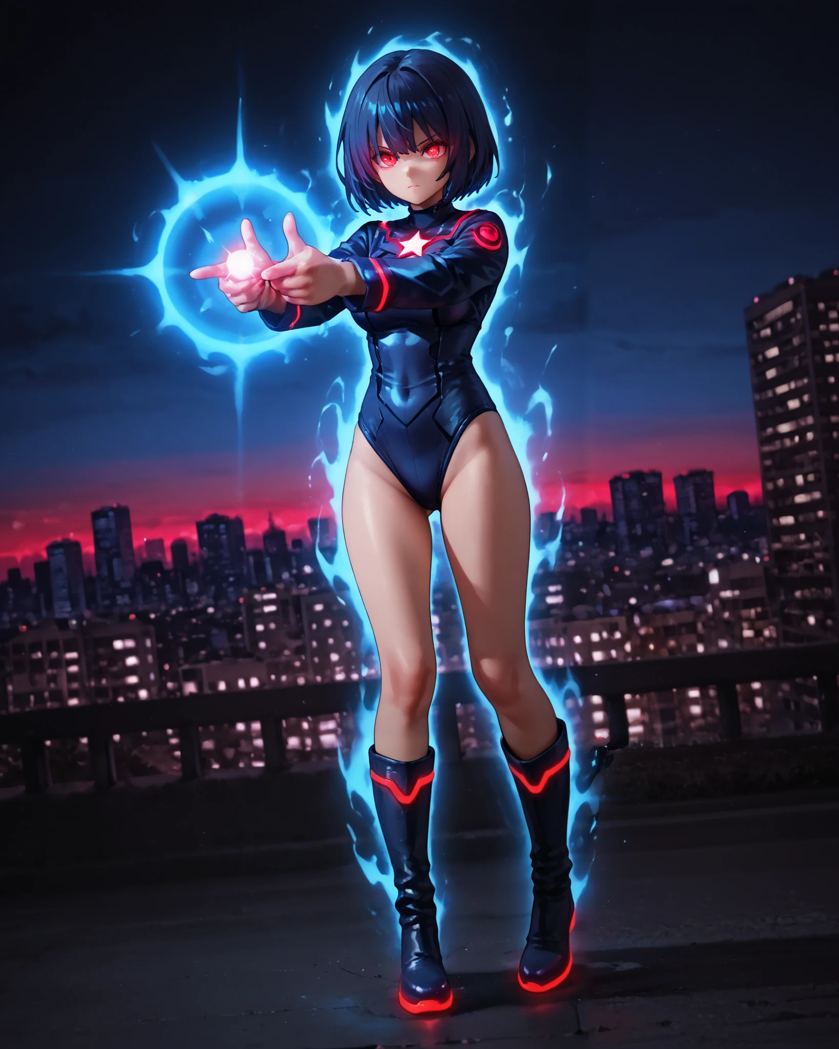 Masterpiece, Best Quality, High Resolution, highly detailed, professional, 8k, 1girl, height:158cm, superhero, (leotard, dark blue leotard, star symbol on the chest:1.2, long sleeves, bare legs, boots, knee boots:1.2, dark blue boots, matching boots), medium breasts, standing, standing straight, (dark blue hair, short hair, bob hair), blue eyes, beautiful detailed eyes, beautiful detailed face, cute face, (perfect hands, complete fingers, perfect anatomy, perfect proportions), (serious), full body with costume, (fix hands:1.3). (city skyline background, dutch angle), ((glowing red eyes:1.4)). spirit gun, finger gun, blue energy ball, aura, pointing to the side, looking to the side