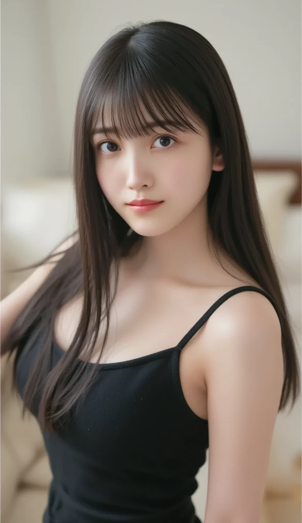 (((Ultra-high resolution、close、Cute Japanese Woman)))、length, Straight black hair frames her face、So that every single hair is clearly visible、Depicts subtle color changes depending on the amount of light hitting the subject、The skin is white and smooth、Has a natural glow、Fine skin、毛穴のExpressing every detail、amountや頬に薄い赤みがある部分を詳細に、The eyes are almond-shaped、It&#39;s dark brown.、More about Iris、Expressing color gradations and patterns、length, Natural Eyelashes, Each one can be seen、well-groomed eyebrows、personal々The hair is clearly visible、Light reflects off the eyes、Create small highlights、noseは繊細で、nose孔の細かいディテールがある、Lips are plump and naturally pink、Draw thin lines and soft curves of the lips、Shiny、Accentuate the shape、Detailed depiction of lip texture、Particular attention is paid to the depiction of light and shadow..、Soft natural light gently illuminates your face from the front、amount、nose、Gives cheeks a subtle glow、The shadows are softly cast along the contours of the face..、cheekbone、Jaw Curve、noseの側面を強調、Her lip gloss reflects the light subtly...、Emphasizes plump texture、The shadows in the hair add depth and dimension.、personal々Your hair sparkles in the light、The background is simple and blurry.、Focus on the face、Highest quality、Expressing every detail