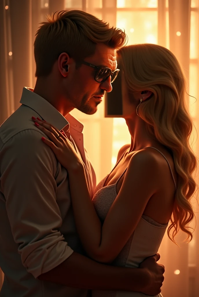 a beautiful blonde American woman, thin and buxom, wearing revealing clothing, kissing an older slightly chubby man, extremely detailed face and body, beautiful detailed eyes, beautiful detailed lips, high quality, photorealistic, dramatic lighting, vibrant colors, cinematic composition, romantic, sensual
