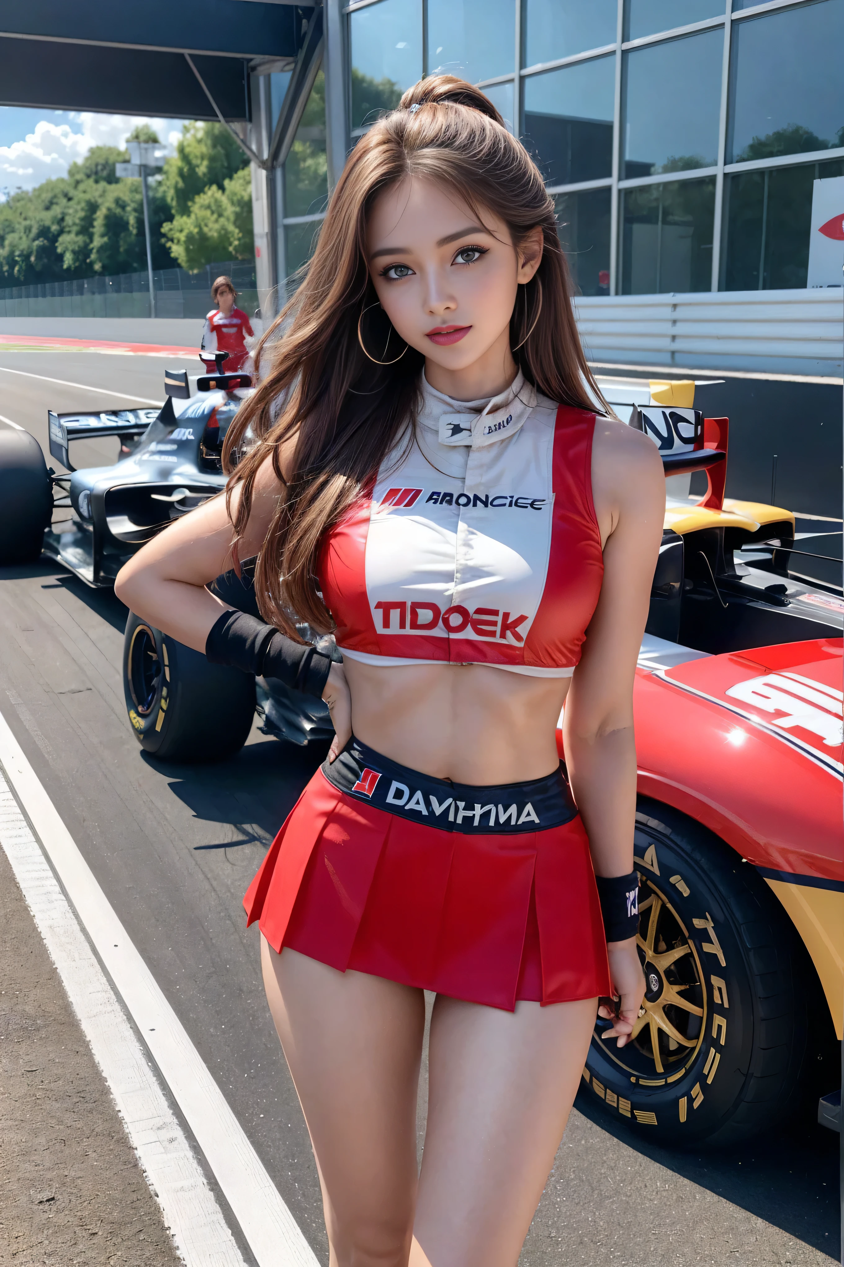 (masterpiece), ( MotoGP Racing Girls), (Eyeliner:0.5),(blush:0.5), Black Hair, A faint smile, Refers to a beautiful and delicate girl, Extremely detailed eyes and face, Beautiful and delicate eyes, , ((MOTOGP events)), (MotoGP track background), (best quality, high resolution, Reality, The original, 8K,masterpiece, ),(((Dynamic poses))),(((Midsection perspective))),(((Showing the underside of the chest ))),(((Red Mini Skirt Lift))),(((Bare inner thighs))),(((Formula One cars on display))), (Vibrant colors:1.2), (Beautifully),
