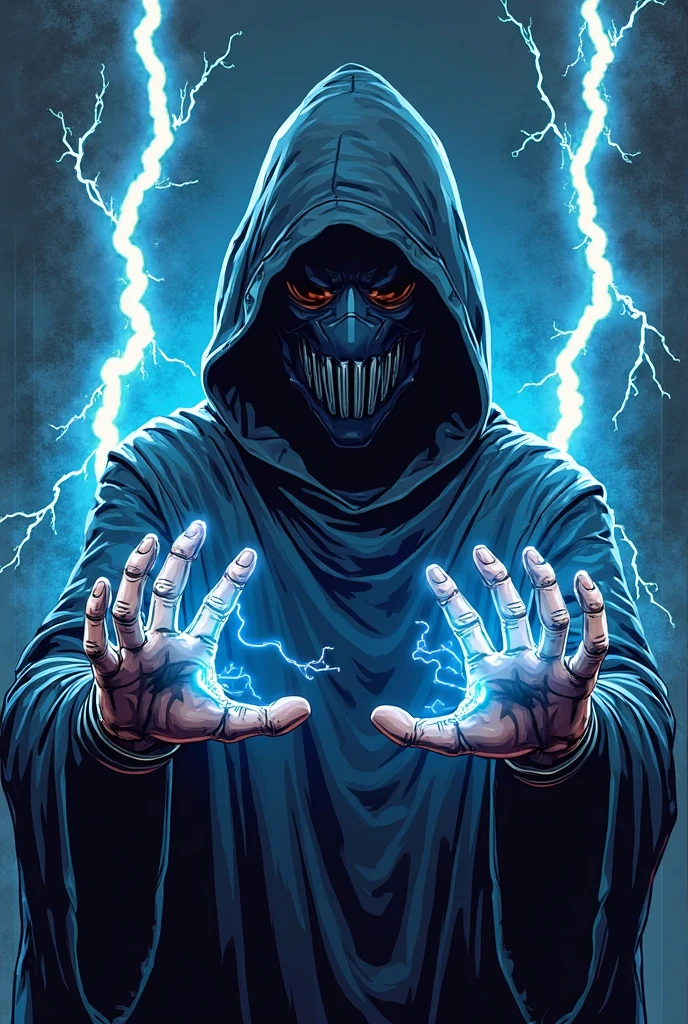 An evil red-eyed shadow with the letter Y and the number 7 of blue fire in its hands