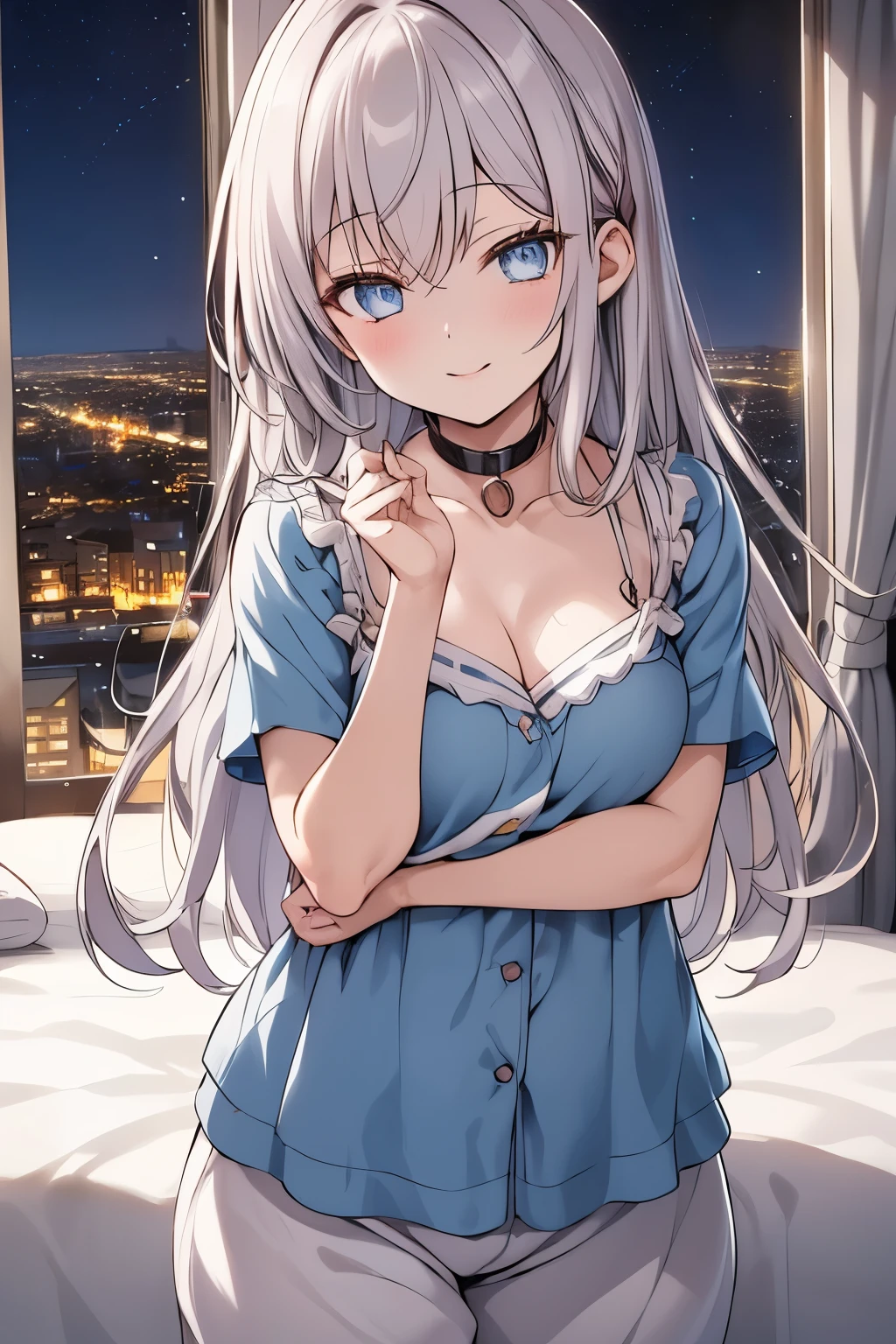 Alisa Kujou,
"( late :1.7), a girl who stands out and attracts , 22 years old, young, with beautiful fingers, a beautiful Body, a beautiful nose, perfect eyes , a perfect face , and an impressive character design . An anime girl with soft pink hair that flows in loose waves , wearing an adorable , Conjunto de suaves pijamas . The pajama set is made of silky fabric , adorned with small , Delicate patterns like stars or , giving it a cozy touch , playful look. The upper part of the pajamas is a little loose , with short sleeves , y los pantalones son cómodos pero favorecedores , Softly hugging her figure . She had deep blue eyes and a warm , inviting smile , with a slight blush on the almond-shaped cheeks . A delicate neck around her neck shines dimly under the moonlight.
The Background features a stunning city cieloline at late , with buildings illuminated by street lights and windows shining in the dark. The moon shines brightly in the sky , casting a soft , silver glitter in the room . The cool late air is felt through the partially open window, while las luces de la ciudad se reflejan en el cristal . The room is cozy , with luxurious bedding that contrasts with the outdoor urban environment . A hand rests delicately on the top of her pajamas , while, ON THE OTHER HAND , ligeramente se toca el pelo while mira al espectador , adding a sense of intimacy to the scene .
The lighting is perfect, with moonlight illuminating her figure and highlighting the delicate details of her pajamas and accessories.. The scene is very detailed , with a vibrant flag , Bokeh Effects , and subtle flashes of lenses to emphasize the dream , romantic atmosphere . The final representation is in ultra high resolution (8K, HDR-10), granulado con película para agregar textura . (beautiful_rostro:1.5),