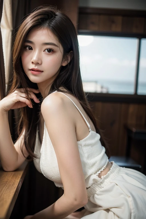 Best quality, masterpiece, ultra high res, (photorealistic:1.4), raw photo, (Authentic skin texture:1.3), (film grain:1.3), panorama, character portrait, very wide shot, narrow waist, cowboy shot, (in the dark, deep shadow, low key, cold light,) night, close-up, streaming tears,
indoor, dust, Tyndall effect, sad, disappointed, gloom (expression), sitting, (against wall), crying, frown, (head bowed), nervous, tearing up, lonely,
1girl, beautiful detailed eyes and face, white jabot, off shoulder, brown eyes,