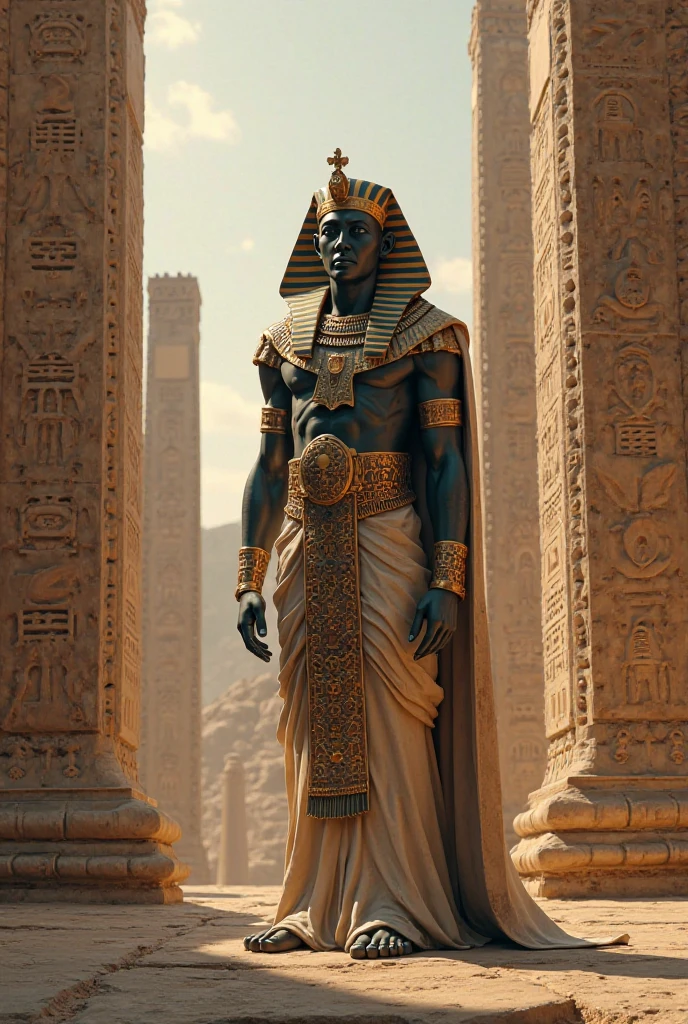 The image shows an imposing statue of an Egyptian pharaoh, monumental and detailed, Surrounded by temples and pyramids that emerge from a mystical atmosphere shrouded in mist. The figure of the pharaoh, crowned with the traditional *noble* and the king cobra, stands majestically, with details of hieroglyphics and reliefs that adorn its base, while other sculpted figures and temples complement the scene. Small human figures at the bottom accentuate the gigantic scale of the statue., and tall palm trees flank the view, adding a natural touch to the impressive architectural landscape, evoking the grandeur and eternity of Egyptian civilization.