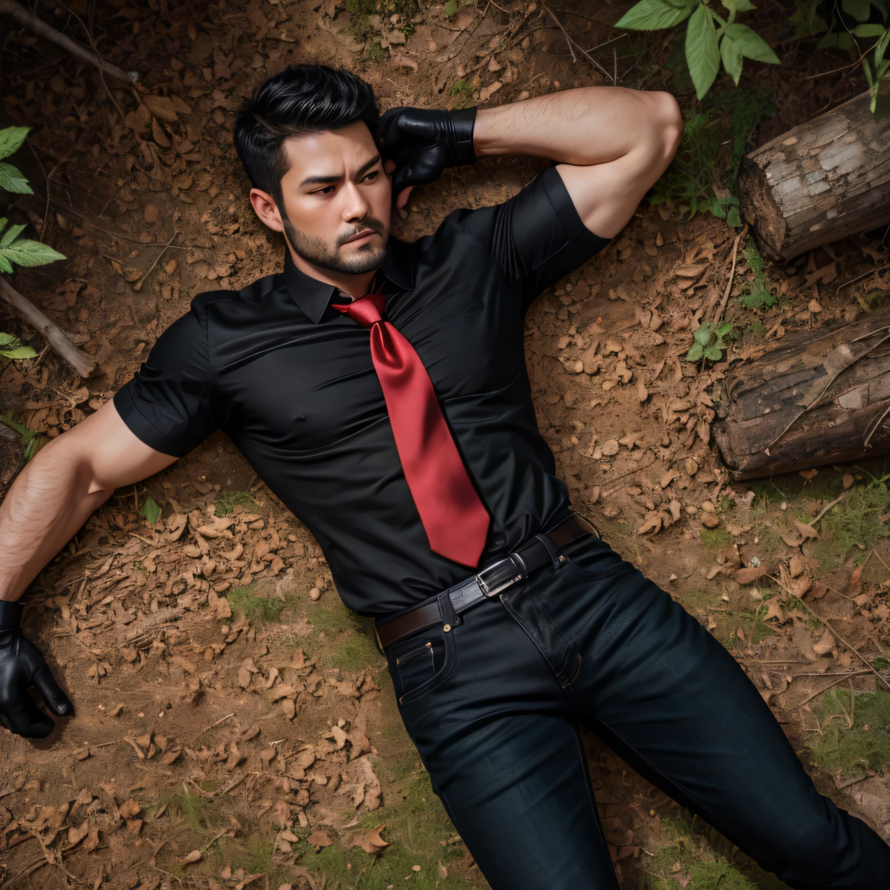 3,One Man,、Handsome。In the woods、wood々Between、Black Shirt、Red tie、Black briefs inside black pants, attacked while sleeping