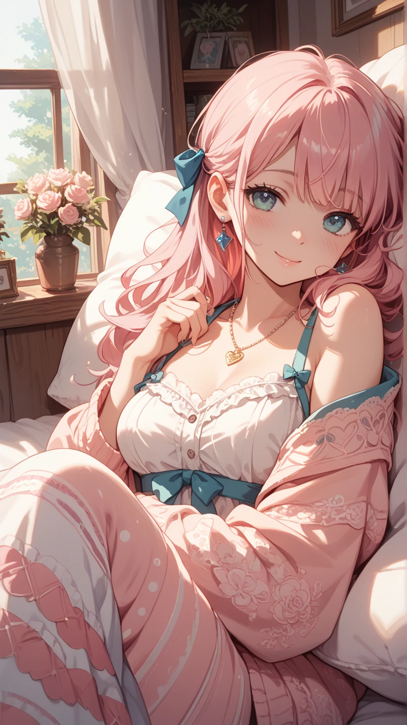 ((8k, Highest quality, masterpiece: 1.3)),Ultra-high resolution,(1 girl, alone), (Color changing eyes, Ultra-detailed, Expressive brilliance, Glitter, Glowing Eyes), Highly detailed eyes, Highly detailed face, Random Hair, ((pastel colour))A dreamy young woman with pastel peach hair styled into loose waves, lying on her stomach on her bed during a peaceful afternoon. She is wearing a pale blue bikini with ruffled edges that subtly accentuate her chest. The camera captures her from a side angle as she rests her chin on her hands, her body slightly arched, drawing attention to her cleavage. The room is softly lit by the afternoon sun, with the decor creating a warm and inviting atmosphere.