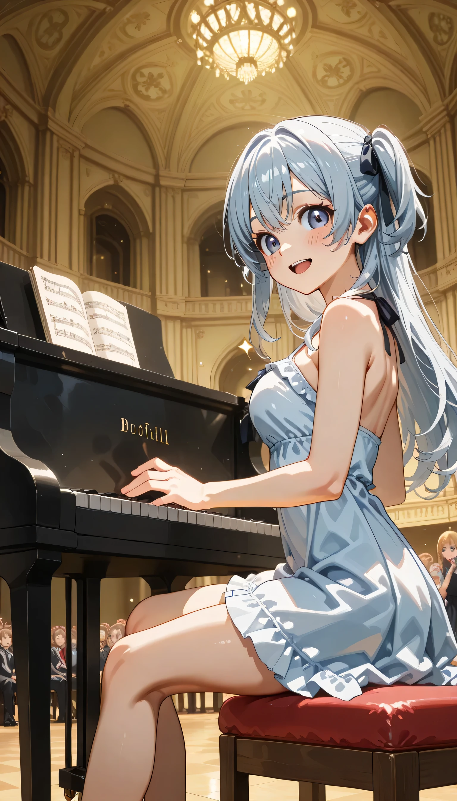 ((ultra-detailed)), (highly detailed CG), (best quality:1.2), ultra-highly detailed, colorful composition, artistic photoshoot, 1girl, solo focus, ((thigh to top:1.4)), ((cowboy shot:1.4)), ((ideal ratio body proportions)), moe anime character, girl, dainty facial structure, (), (round face), ((rounded chin:1.2)), ((ideal ratio body proportions)), celia-default, celia claire, (blue eyes), sparkle eyes, ((silver hair color)), ((two side up)), (hair ribbon with pink), ((hair is swaying in the wind)), ((smile:1.4)), ((happy:1.4)), ((joyful:1.4)), ((blush:1.2)), ((open mouth)), ample breasts, ((pink semi formal dress with gold decorations)), ((play the piano:1.4)), dynamic pose, contrapposto pose, sitting in a chair to play the piano, ((in the classical concert hall:1.4)), ((audience sitting in the audience seats:1.4)), from side, expecting, pink cheek, blush, light pink gloss slip, portrait, depth of field, shining lighting, sidelighting, (shine), lighting, caustics, ray tracing, smile, perfect face, lustrous skin, highly detailed face, highly detailed eyes, perfect face, perfect nose, perfect hair, perfect eyes, perfect anatomy, beautiful hair, beautiful small face, extremely detailed face, beautiful detailed eyes, beautiful clavicle, beautiful body, beautiful ample breasts, leavage, breasts squeezed together, equalize the size of the left and right breasts, beautiful thin thighs, beautiful legs, beautiful fingers, 4 fingers, 1 thumb, lovely, (very detailed background:1.0), (highly detailed background:1.0), intricate details, joyful atmosphere, chromatic aberration