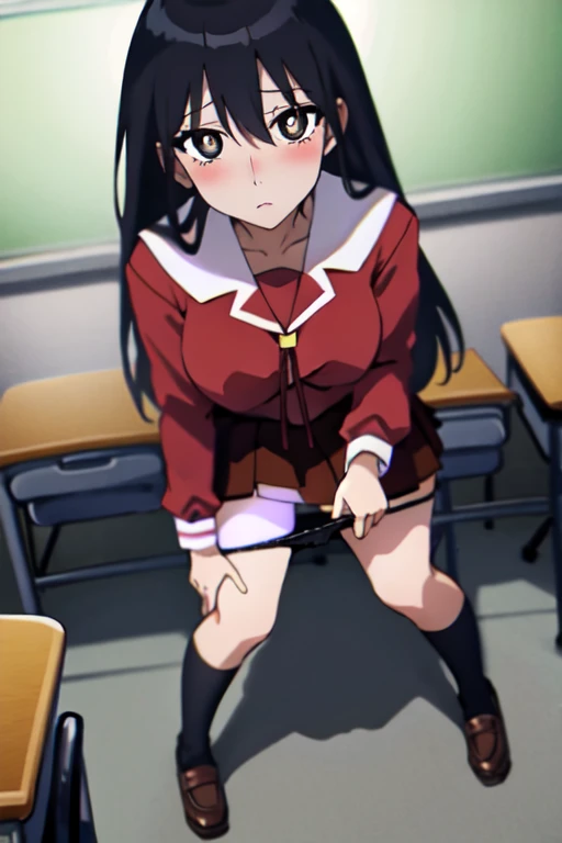 (((Rear view、)))(((sit、Open your legs、Spread your legs, Spread your legs、Squatting and)))((((Torn Costume、Torn Costume、Torn white shirt、)))(((Put your hands behind your head and show your armpits)))(((Angry face、Glare)))((masterpiece)),(Highest quality),Official Art,Very delicate and beautiful,Highly detailed CG,unity 8k wallpaper,Super detailed,Beautiful fine details,Highly detailed face,Outdoor,One girl,alone,Cowboy Shot,Severe,(small:1.2),short hair,Black Hair,Red eyes,Glowing Eyes,bangs,,Collared shirt,White shirt,Long sleeve,Open your arms(((Small breasts)))Suspender skirt,Red Skirt,White socks,loafers,(((NEWS、Naughty pictures)))Japanese-style toilet