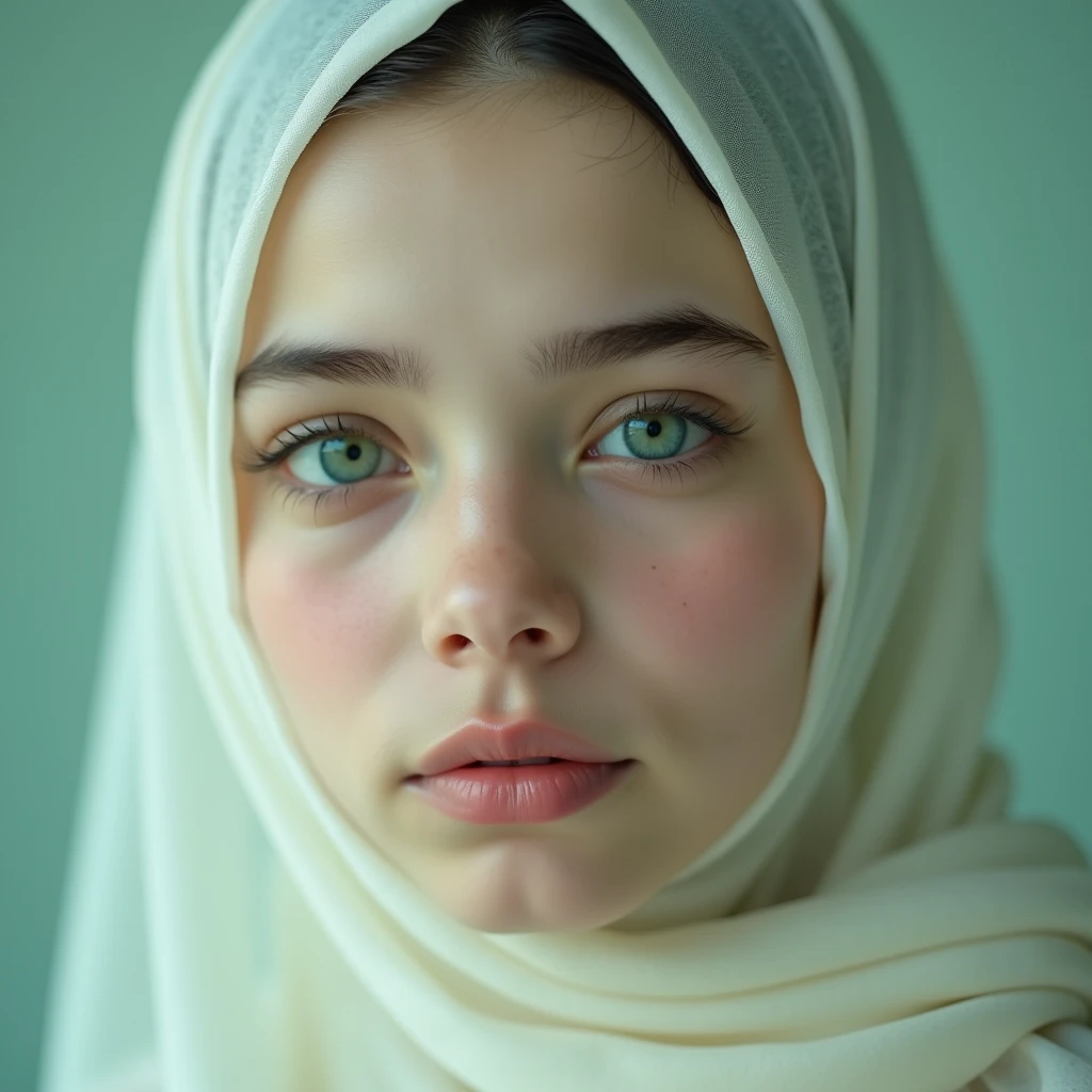 Very realistic face, Beautiful, tiny, 16 year old Russian lolita girl, (wearing a Muslim hijab), breasts exposed, naked, beautiful nipples, Small round breasts, thick vagina visible, fair skin, Dark City Background, Middle Shot, upper body part , Perfect portrait, Viewer's View, Armpit, Perfect Eyes, Perfect Hands, Perfect fingers
