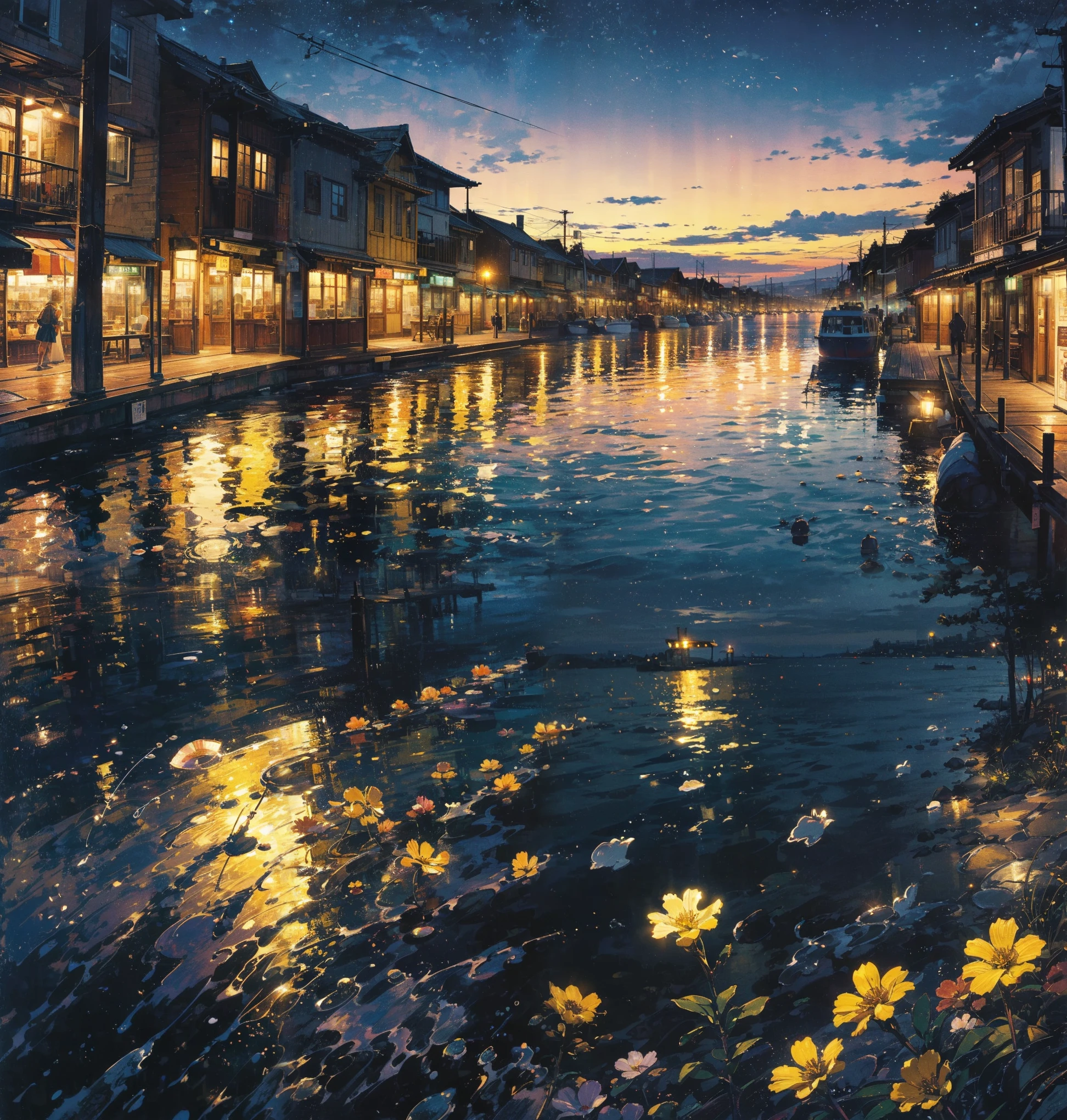 A breathtaking, highly detailed evening scene of a traditional Japanese coastal town, viewed from the top of a sloping, stone-paved street leading downhill toward the calm ocean. The composition is carefully framed: on either side of the narrow street, classic wooden buildings with dark tiled roofs and sliding paper windows are adorned with glowing paper lanterns and hanging plants.
A vintage tram with warm, glowing windows is moving down the tracks in the foreground, its headlights reflecting softly on the wet cobblestone path. The tram's body has intricate details, including a route number and decorative patterns. Overhead, strings of glowing festival lights crisscross the street, adding to the dreamy ambiance.
Beyond the tram, the street continues down, lined with more traditional wooden houses, shops, and tea houses emitting a soft, inviting light. Small signs and banners hang from the buildings, enhancing the authenticity of the town. Wooden utility poles and electric wires stretch across the scene, leading the eye toward the background.
In the distance, a stunning coastal view opens up, where the calm ocean meets the horizon, bathed in the golden glow of a distant city skyline. The harbor is dotted with sailboats and small fishing vessels, their silhouettes gently swaying on the water. Above, the twilight sky is painted in deep blues and purples, transitioning into orange near the horizon. Bright fireworks burst in the sky, their reflections shimmering on the sea surface.
The atmosphere is a perfect balance of warm and cool tones, blending nostalgia, tranquility, and lively festival energy. The scene is hyper-detailed, semi-realistic with anime-inspired aesthetics, emphasizing intricate lighting, reflections, and textures to create a deeply immersive experience.