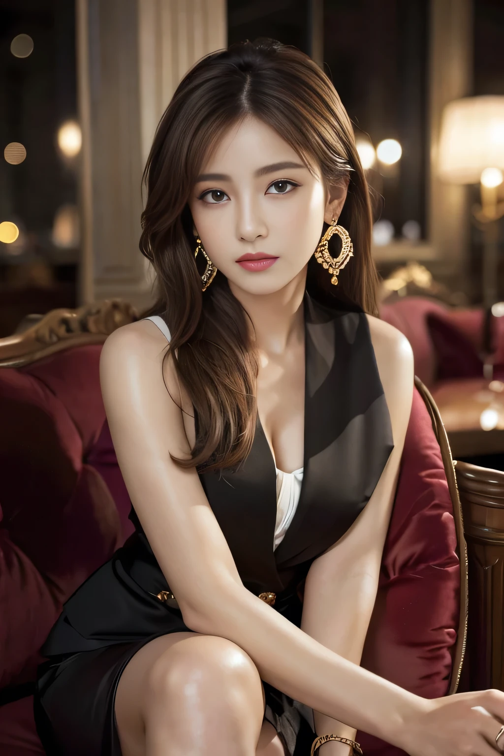 masterpiece, Highest quality, Realistic, Very detailed, Finer details, High resolution, 8k wallpaper, One beautiful woman,Wear a nice suit, In a great restaurant, At night, Light brown messy hair, Perfect dynamic composition, Beautiful and beautiful eyes、Big earrings、Sit on a chair