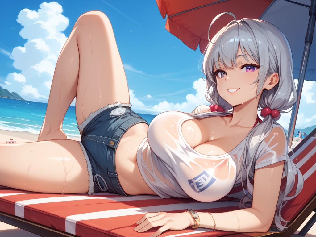 (masterpiece, Highest quality, Super detailed:1.3), Perfect composition, 4K, (Very detailed, Super detailed), Blue and white bikini、Bikini with horizontal stripes, High resolution, 8k Texture, Attention to detail, Very detailed肌の質感, Magnificent details, High Sharpness, One girl, (Fine grain:1.3), (25-year-old woman:1.3), (skinny), (Big Breasts), Bright beach,、smile、Sticking out tongue、Lying down pose、