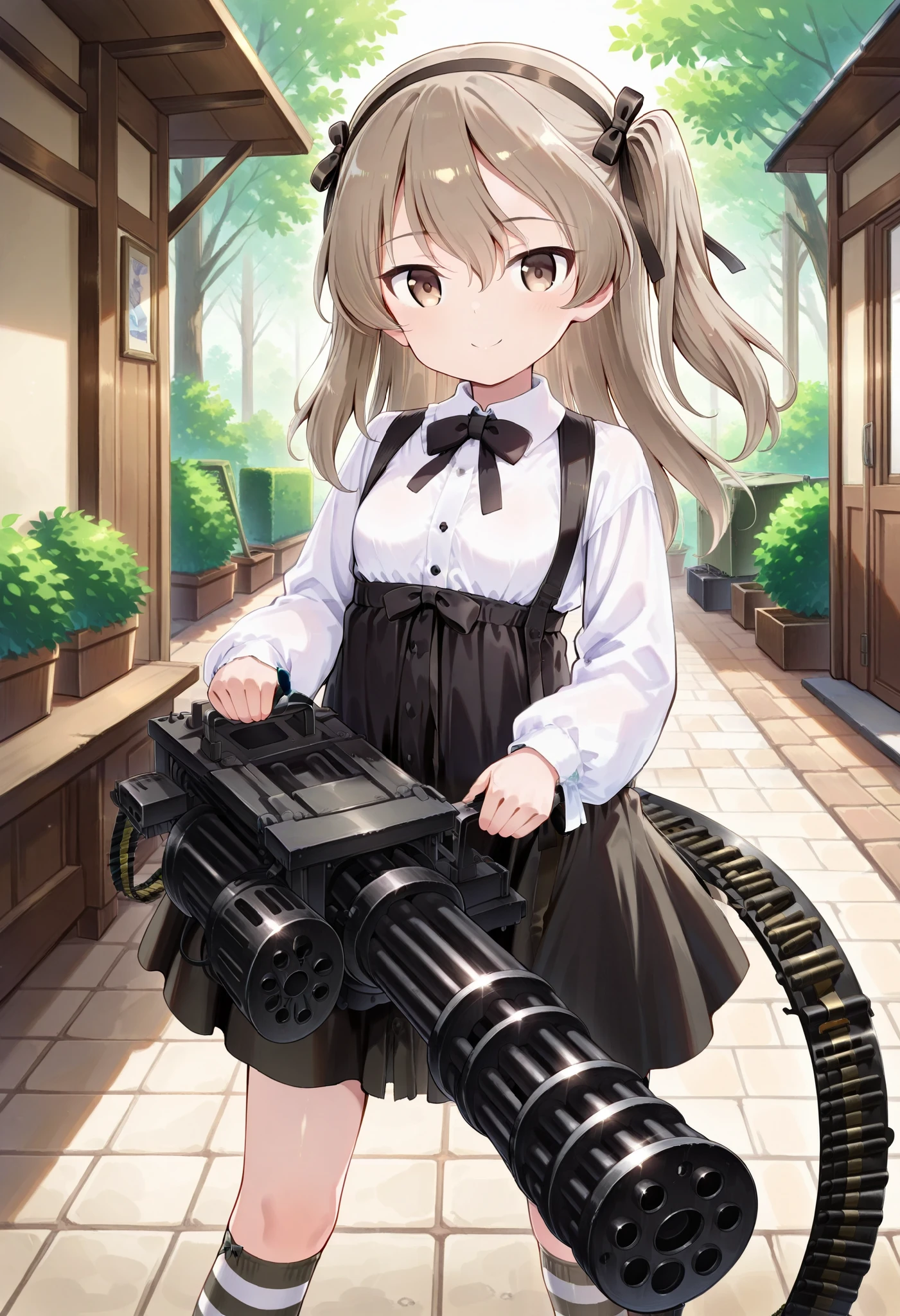 best quality、high resolution、 1 girl, ((C-M134 , hold M134 :1.5), hands, Ammunition belt)、Shimada Arisu,smile,(brown eyes), long hair, light brown hair , brown eyes, long hair, light brown hair, One side up, small breasts, hair bows, black ribbon , are censored and shipped along with a black hair band, black bow tie, white shirt, collar shirt, Long Sleeve, suspenders, suspendersスカート, high waist skirt, black skirt, striped knee-high socks, happy、outdoor、garden