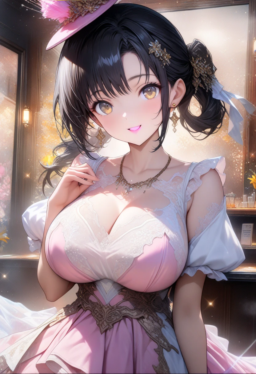 master piece,best quality,(super detail),perfect writing, Highly detailed CG,Super detailed,(highly detailed eyes,very cute face,highly detailed face:1.3),beautiful anime girl,(solo girl),(super huge breasts:1.6),(black hair,short hair,2 side up:1.7),(big yellow eyes:1.5),(low length),jitome,(smile full of joy),open your mouth,break,(Light pink Japanese style maid,Floral kimono,ruffle apron),maid headdress,bell sleeve,off shoulder,Japanese modern cafe,tatami room,Shoji,Are standing,(cowboy shot)