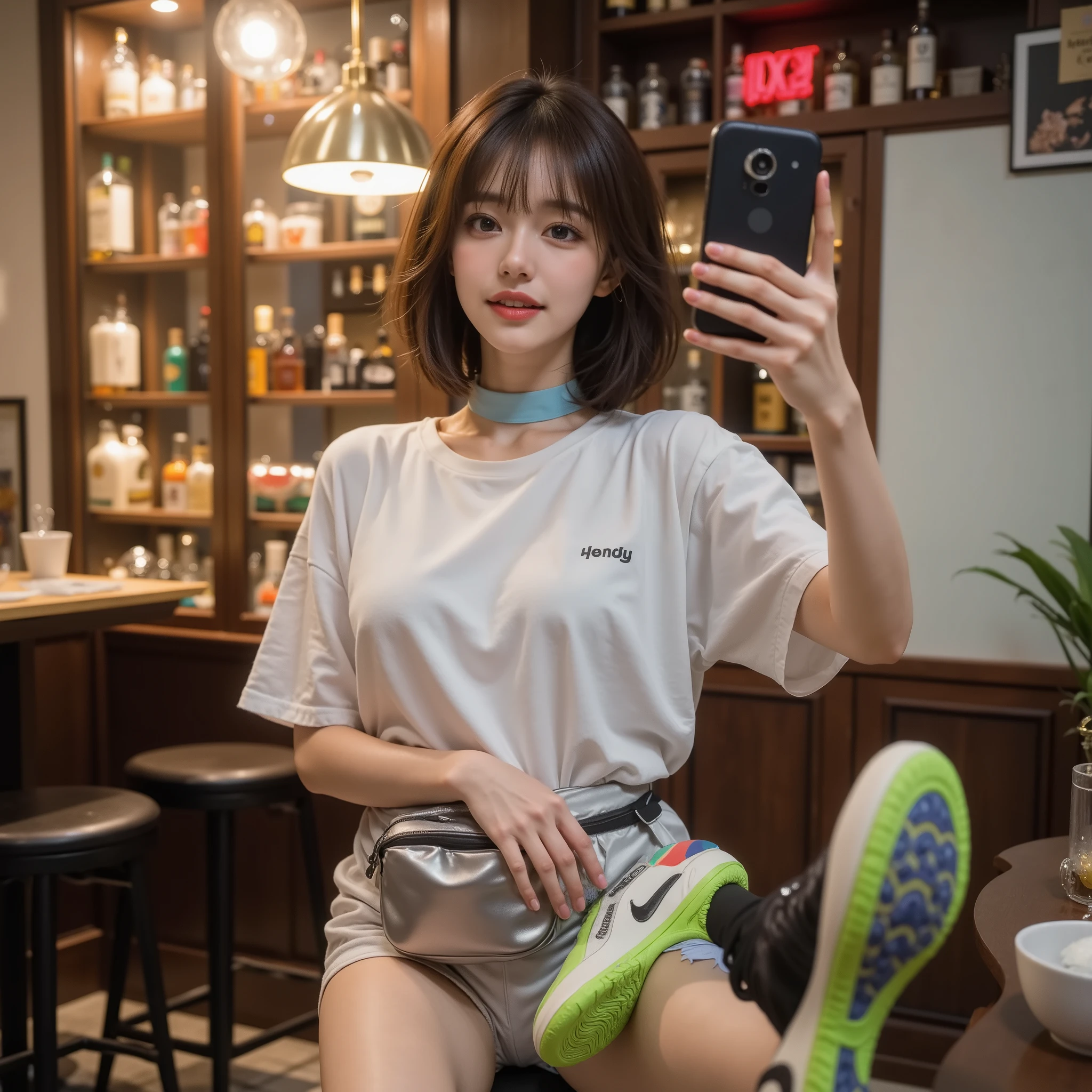 front view,bust,Headshot,【Character core】A 22-year-old Asian fitness girl takes a dynamic selfie at a 45-degree sideways angle,Wheat-colored skin with honey-colored lip makeup,The faint training marks on the clavicle and the tight waistline form the visual focus。Holding iPhone15 Pro in the left hand Max front camera,Her right hand naturally hangs down and touches the silver sports waist bag hanging around her waist。
【Outfit analysis】Oversize ramie white T-shirt(Tucked into high-waisted shorts)Exposing peach hip line,The dark indigo hair ends are highlighted with fluorescent green sneakers at the ankles to form a contrasting color,The neon blue silicone sports headband wrapped around the neck refracts the light with the movement。A mini sports water bottle and a smart bracelet are hung on the tactical belt around her waist。
【Scene construction】Retro industrial style wine cellar-style space,The brass tube chandelier casts a dramatic spotlight,The background wall-mounted embedded whiskey display rack uses frosted glass cabinet doors,Bourbon barrel whiskey is placed in a staggered manner inside、Single malt whiskey and Japanese shochu,One of the bottles of Macallan 42-year-old whiskey in 1992 has amber soft light flowing through it。
【Light and shadow magic】The main light source is the 2700K color gentle light mask on the left,With hidden RGB fill light on the right,While creating a butterfly light effect on the character's face,The surface of the wine bottle produces diamond-like refracted light spots。The specially designed ring reflector projects a slender light column behind the character,The cold white light from the mobile phone screen forms a Tyndall effect of cold and warm interweaving。
【Atmosphere rendering】The vaguely visible electronic music festival poster in the background and the half-melted rainbow candy on the bar form a cyberpunk element,Champagne bubbles in the air Transparent particle effects are used to present the rising trajectory,The dry ice machine at the bottom of the wine cabinet continuously releases mist,Together with the spotlight on the top, it creates the illusion of an immersive cocktail experience cabin。
This description deeply integrates ergonomic data(Such as 0 in accordance with the golden ratio.68 waist-to-hip ratio)、Optical properties of materials(Ramie fiber light absorption、Glass refractive index)And spatial acoustic hints(Metaphor of low-frequency sound waves through light wave animation),Can be adapted to the --physically-based-lighting parameter of Midjourney V6 and the --realistic-materials option of DALL·E 3 to achieve high-precision restoration。