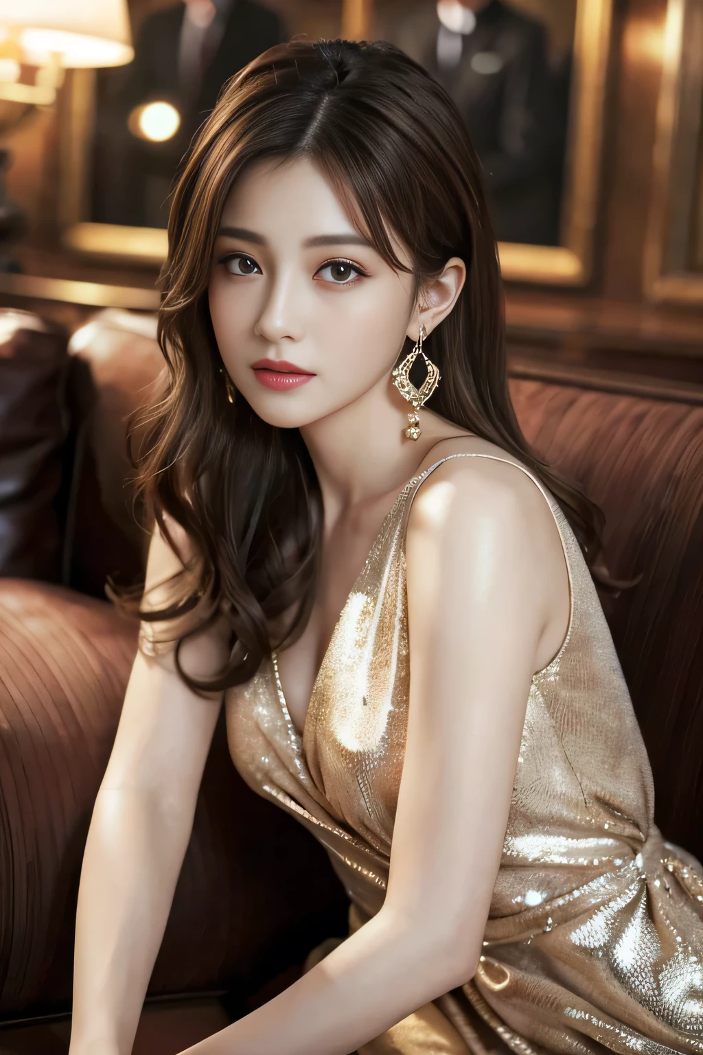 masterpiece, Highest quality, Realistic, Very detailed, Finer details, High resolution, 8k wallpaper, One beautiful woman,Wear a nice suit, In a great restaurant, At night, Light brown messy hair, Perfect dynamic composition, Beautiful and beautiful eyes、Big earrings、Sit on a chair