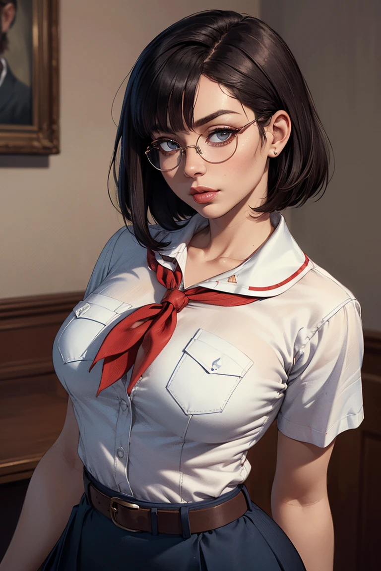 detailed eyes, full height, masterpiece, (skinny body:1.3), ((curvy, hands behind her back, seductive position)), seductive, (looking at viewer, 8k vector photography, young teen, beautiful eyes, realistic lighting, detailed outfit, realistic facial features, hyper detail, ((perfect angle, perfect pose, focus on face and hips)), ((very short dark straight hair)), a strand on right eye, flat chest, pioneer neckerchief, soviet pioneer, micro blue skirt, bangs, shirt, collarbone, very tight white shirt, short sleeves, collared shirt, belt, neckerchief, eyelashes, red neckerchief, breast pocket, monroe, glasses