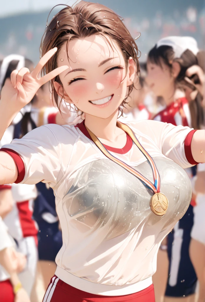 8K、 超A high resolution、Best Quality、Photorealsitic、hightquality、high-detail、masuter piece、(huge-breasted、cleavage of the breast:1.3)、Lower breast、(Red and black、Racing Bloomers、Sportsbra:1.2)、track and field club、(Standing on the podium、Wear one gold medal around your neck、1 medal、Wave one hand to the audience above、Five fingers:1.45)、(Brown-haired short-haired chignon:1.2)Extraordinary beauty、(Toned body、Split abs:1.3)Big eyes、Obviously double eyelids、(On a short track in the athletics arena:1.3)、serious facial expression、RunningShoes