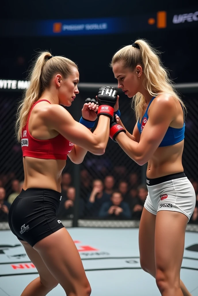 ((two girls)) ((girl 1, sexy, blonde swedish , fighting,)) ((girl 2, sexy, blonde swedish with extra fat on belly fighting, girl)). they are engaged in a heated fight. Their faces and bodies are bruised from the fight. their small underwear are torn, close in fighting, aggressive action, angry looks on their faces, powerful punches and kicks, knock out punch, blood splatter their bodies and clothes. one girl punches the other girl in the face