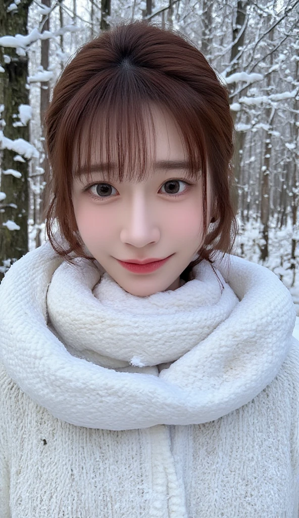 (masterpiece:1.35),(best-quality:1.4),8k,ultra-detailed,photography,(ultra-realistic:1.4), adult girl, long hair, sweater, snowing background, Large Breast, Slim Body,