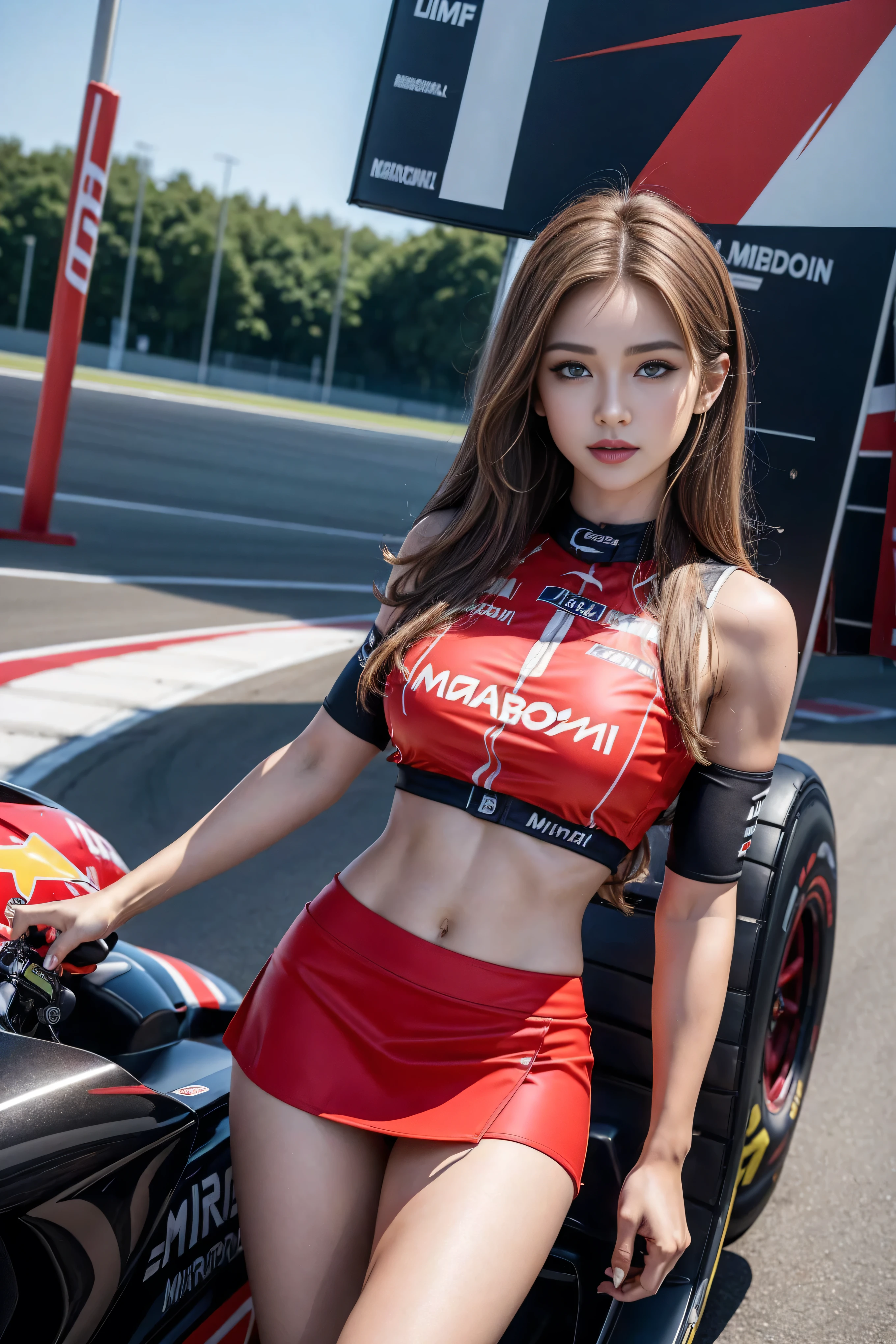 (masterpiece), ( MotoGP Racing Girls), (eyeliner:0.5),(blush:0.5), Black Hair, A faint smile, beautifully繊細な少女を指す, Highly detailed eyes and face, beautifully繊細な目, , ((Event List)), (MotoGP track background), (Highest quality, High resolution, reality, original, 8k,masterpiece, ),(((Dynamic pose))),(((Center Perspective))),(((Show the underside of the chest ))),(((Red miniskirt lift))),(((Bare inner thighs))),(((F1 cars on display))), (Vibrant colors:1.2), (beautifully), smile