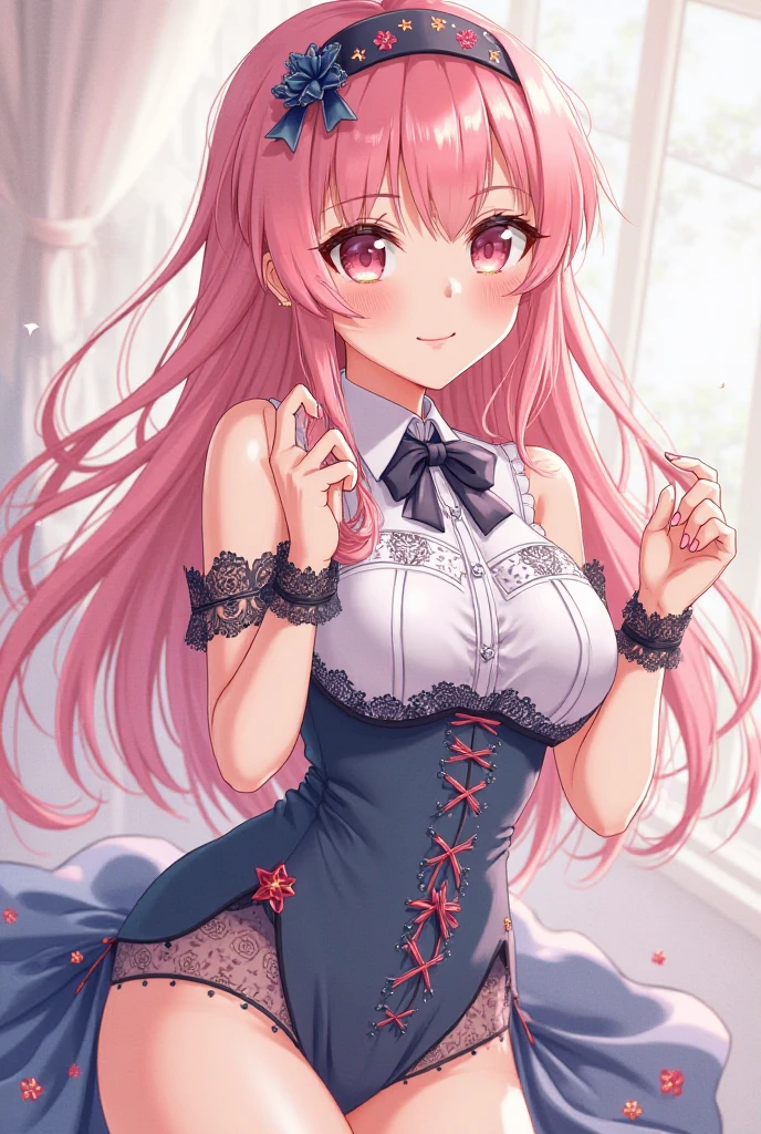 (masterpiece:1.3), (Highest quality:1.1), (8k, Super detailed), (Ultra-high resolution), (Anime Style), (Five perfect fingers), (Perfect Anatomy), One girl, long hair, Wavy Hair, Pink Hair, Purple eyes, slim body, small Breasts, thin legs, (Satin Corset), mini skirt, Lace Garter Set, looking at viewer, open mouth, (leaning forward), Cowboy Shot, indoors, living room