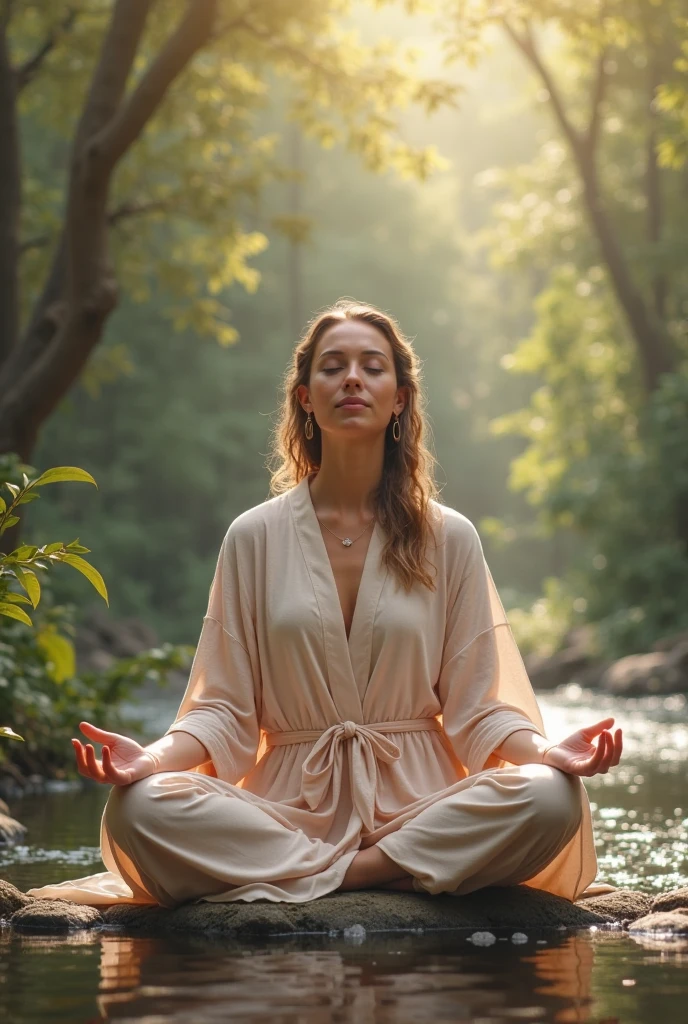 Create a real photograph, of a woman sitting meditating, with a long-sleeved orange dress, in a meditative state, in a natural environment, exuberante, quiet, smooth light.