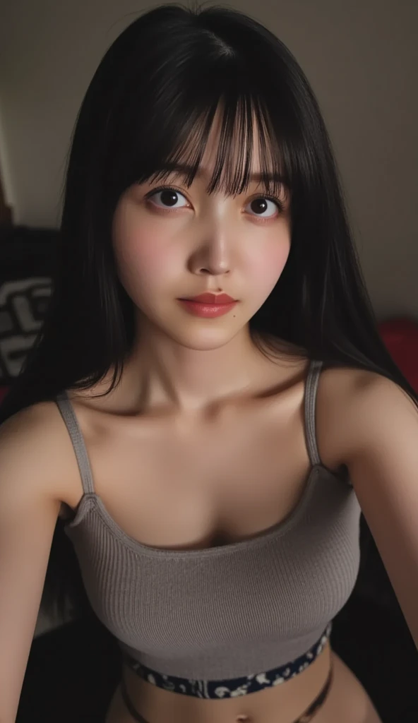 a beautiful chinese douyin feminine soft girl with white skin, black long wavy hair and bangs, and slim and small face