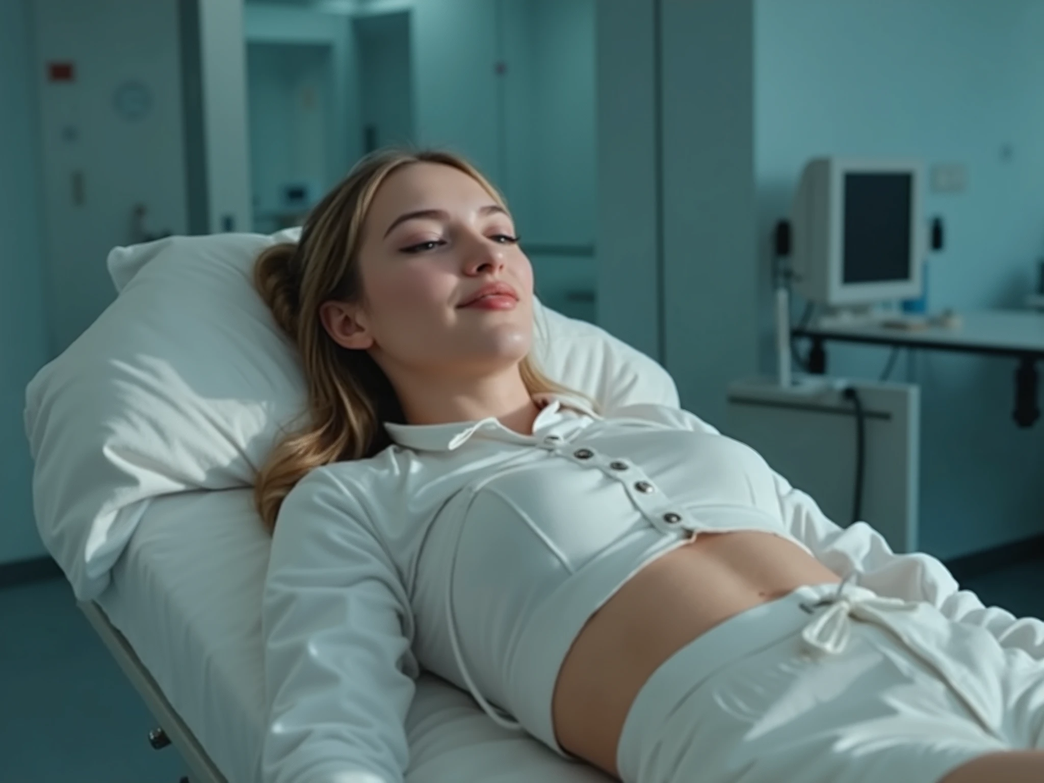 Woman laying on a bed in a hospital room with a monitor - SeaArt AI