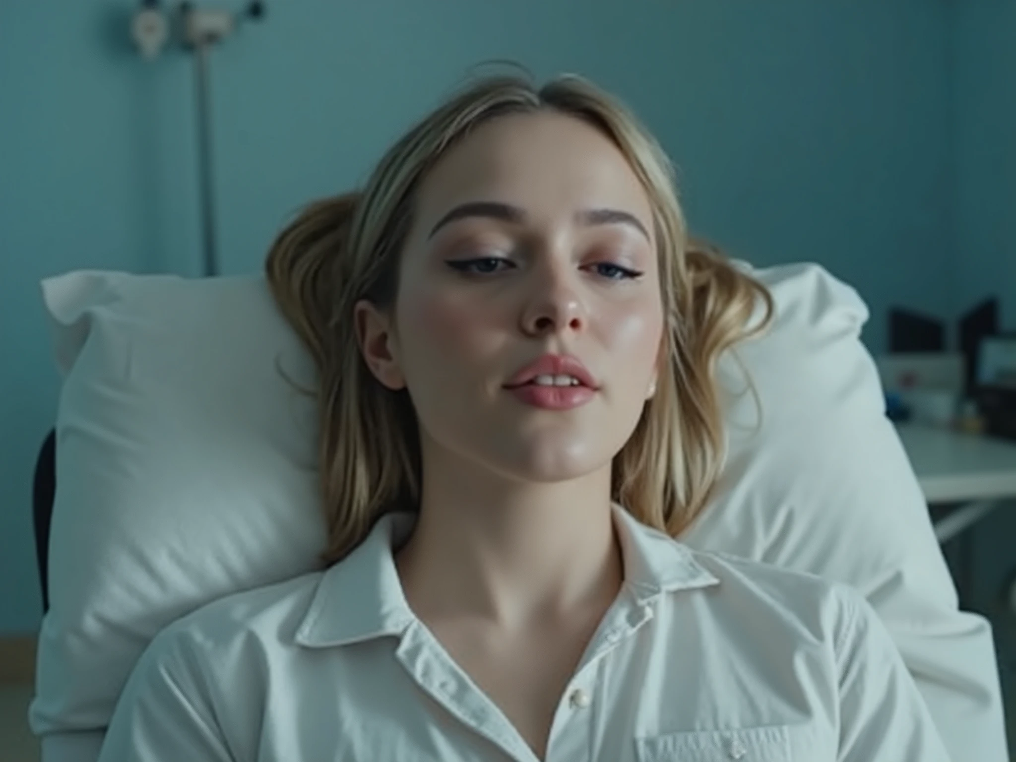 🌟 :
"masterpiece, 4K, cinematographic, with dramatic Lighting and rich colors. silent: Intensiv, emotionally and visually impressive, with a touch of tension and vulnerability."
🌌 :
"A modern medical practice with sterile, bright walls and medical devices in the background. The examination couch is in focus, illuminated by a cold, clinical light, that makes the scene look dramatic."
😈 :
"A beautiful woman with fair skin and a short blond ponytail lies on the examination couch. She wears a white straitjacket, which ties their arms close to their body. Her body is perfectly proportioned, with a flawless stomach and a distinctive navel. Your skin shines slightly under the light, and her facial expressions show a mixture of laughter and vulnerability."
🔥 :
"she lies on her back, her legs slightly angled, while her sides and belly button are tickled. your eyes are closed, and her face shows a wide, involuntary laughter, mixed with an expression of vulnerability. The fingers, who tickle her, Are in focus, } especially when they touch their navel. The mood is a mixture of tension, humor and emotional intensity."