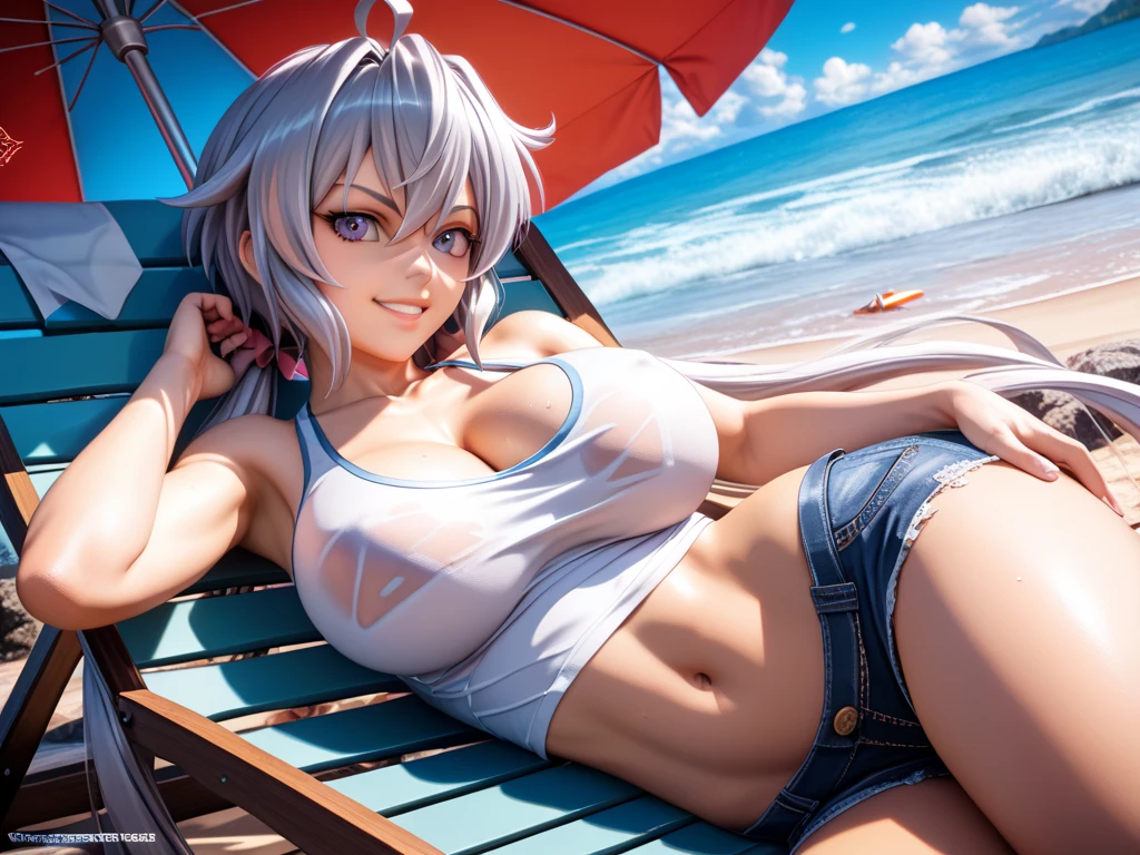masterpiece, best quality, 1girl, horns, white bikini, white gloves, exposed armpit, Ornate, laughing, night, moon, beach