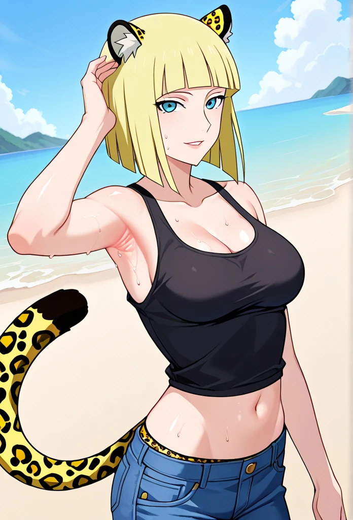 masterpiece, best quality, saeko tanaka, looking at viewer, yellow hair, yellow eyes color, large breasts, upper body, portrait, seductive smile,both hands raised, armpits, armpits visible, sweaty armpits, wearing sexy bikini, tiger print, background on beach