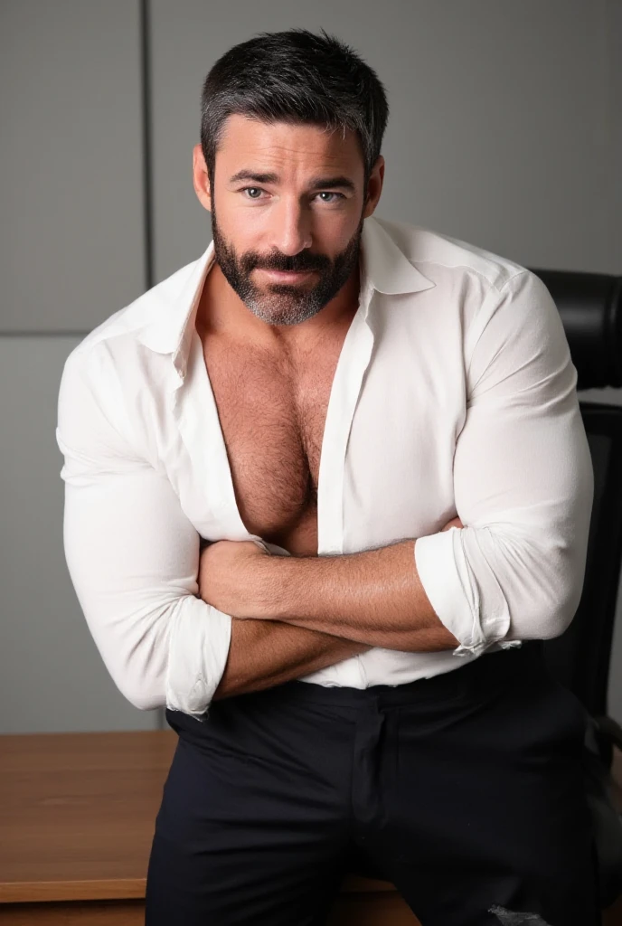 Beautiful man of about 40 years old in a suit but without a jacket, se le ve la camisa azul abierta con abundante pelo en el pecho y en el abdomen, Hermosa barba poblada color negro azabache, Spanish, Ejecutivo de Hombre Sexy, trabajando en su oficina, es abogado, smiling with mischievous face, 4k, hiperrealismo, ultradetallado, pelo algo largo rizado algo alborotado, con cadena de oro en el cuello