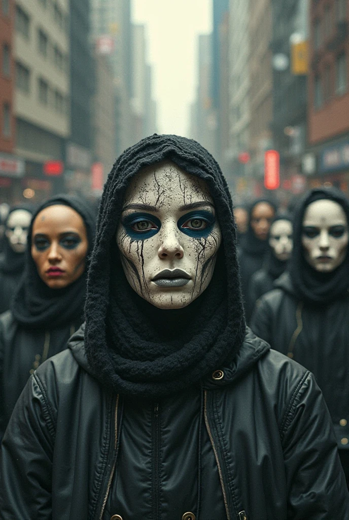 **Une foule de personnes masquées dans un lieu public** : Imagine une scène où chaque personne dans une foule porte un masque étrange, avec des visages inexpressifs, donnant une sensation de malaise.