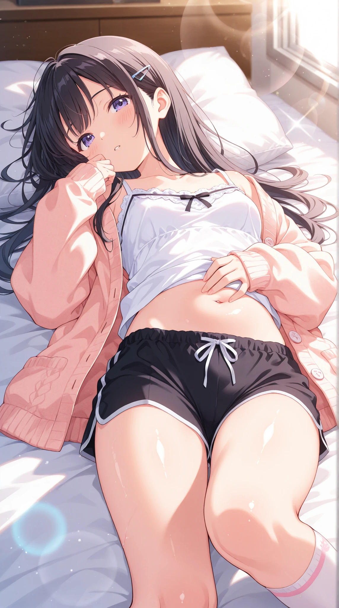 masterpiece、Highest quality、Ultra-high resolution、nsfw、age girl with big breasts、twin tail hairstyle、black hair、Red face、shyly、open your mouth just a little、white T-shirt、short lounge shorts、open your legs wide、spread your legs wide、sit on the sofa、(((Panties visible through the gap between the legs of her short lounge shorts)))、crotch area of her Pink panties、inside lounge room、at night time