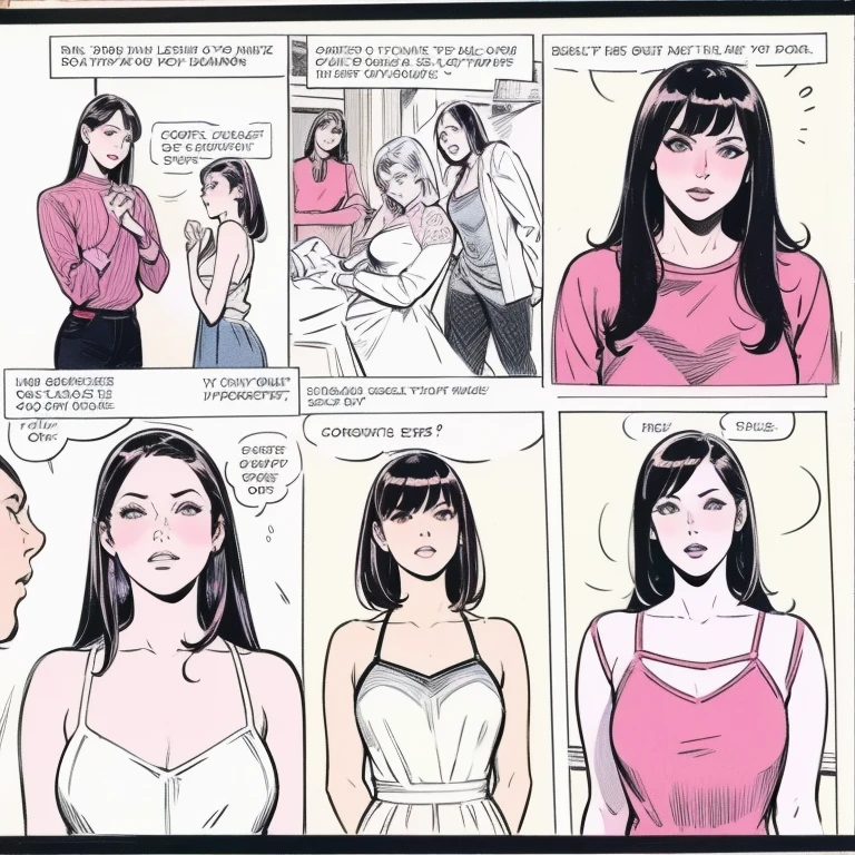 6-panel comic of a tanned Asian office woman stripping, 6 panels, comic, detailed, saturated colours, removing clothes, toned