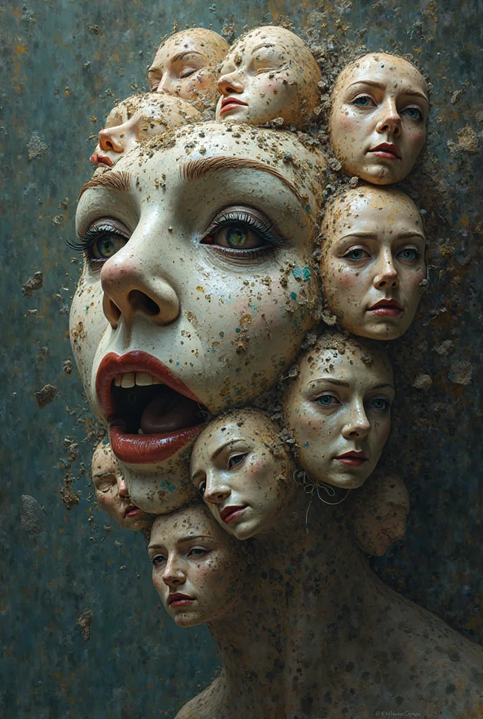 Expressionist artwork images of multiple floating ceramic heads of hebrew men, 3d collage style, make it weird and gallery worthy