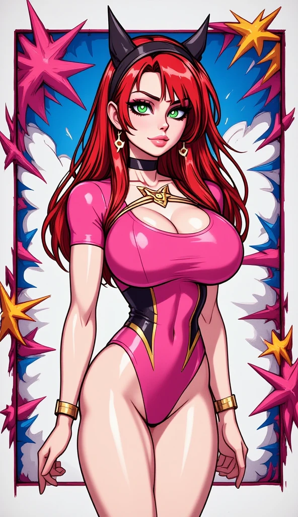 muscular girl, tall woman, long flowing hair, detailedeyes, detailed lips, large breasted, Red hair, skintight, May, Sentai Armor, starfire, dynamic pose, intense gaze, powerful physique, swirly vibrant colors, glossy finish, high contrast lighting, comic-book style