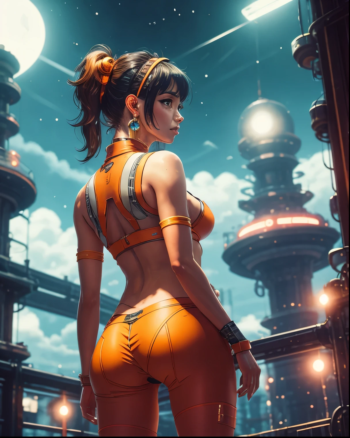 Uma belissima garota japonesa ciborgue, cyberpunk corpo lindo, peitos medios, belo quadril, partes mecanicas, cabelo medio, intincado detalhado, luzes neon, side view of the back looking at the viewer, on a luxurious terrace, vista de fundo predios futuristas da cidade, extremamente detalhado, 8k, ultra realista