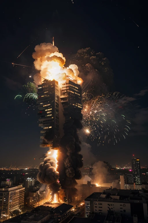 battlefield,Exploded buildings,Huge explosion,on fire,Many people,crowd