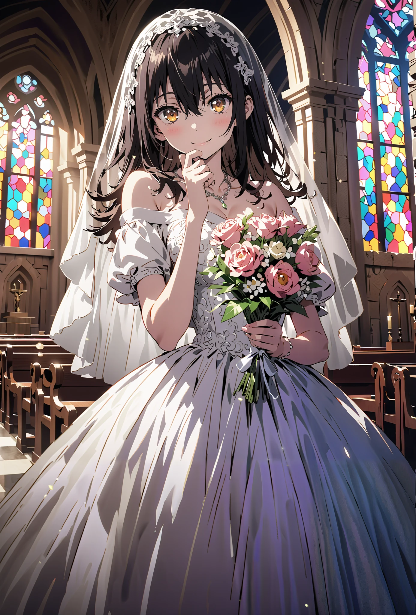 Yukina Himeragi, medium hair, black hair, brown eyes,smile,cover,close your mouth,Medium breast,necklace,Veil,Off Shoulder Wedding Dress,Short sleeve,wedding long skirt,holding a bouquet of flowers with both hands,bouquet,standing,stained glass,full body,がillustrationに入るように,break indoors, Chapel,church,
break looking at viewer,full body,
break (masterpiece:1.2), best quality, high resolution, Unity 8K Wallpaper , (illustration:0.8), (beautiful detailed eyes:1.6), Highly detailed faces, perfect lighting, extremely detailed CG, (perfect hand, perfect anatomy),
