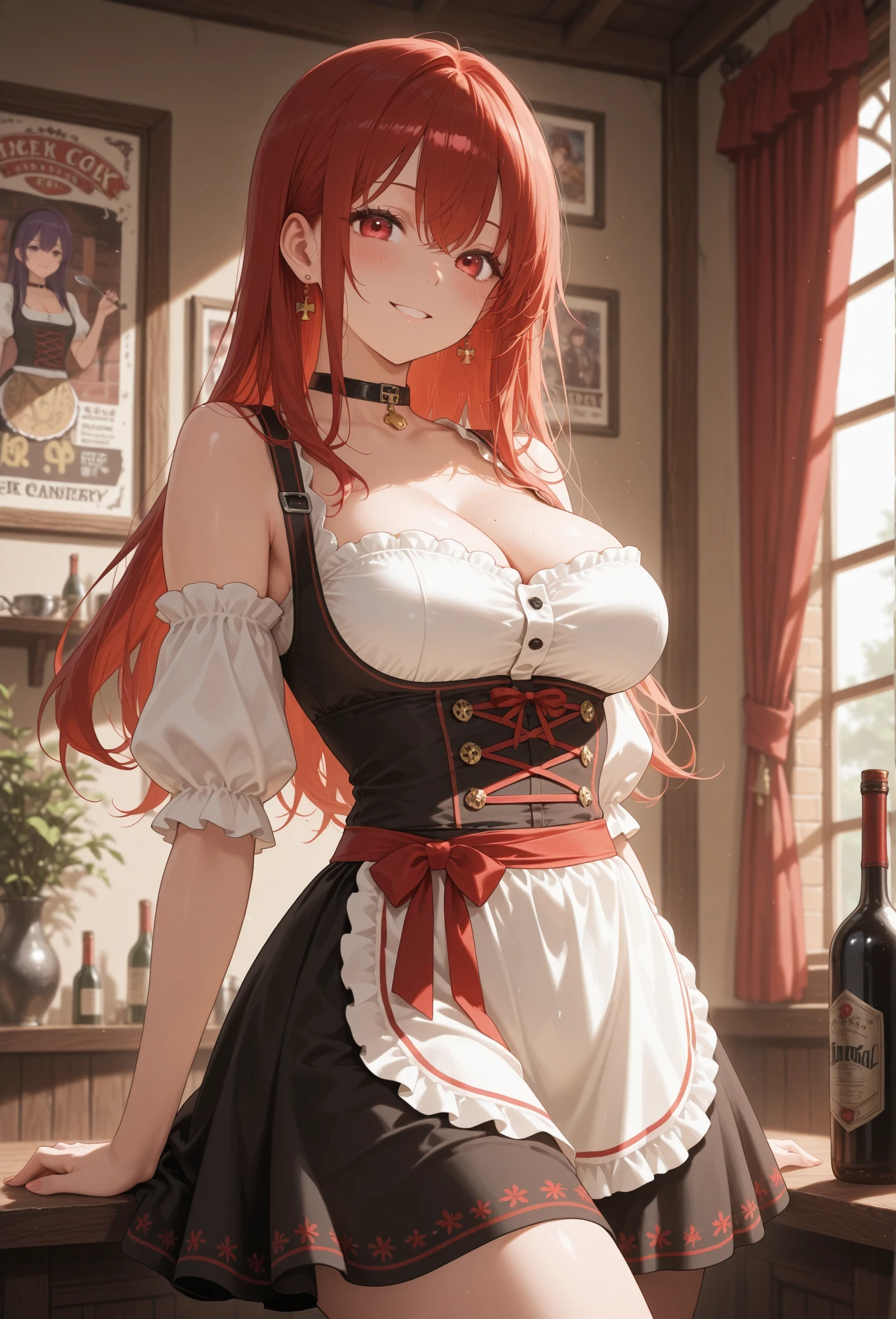 masterpiece, best quality, highres, fairy tail, 1girl, long hair, red hair, ponytail, white ribbon, hair over one eye, brown eyes, large breasts, collarbone, chest sarashi, bandage, bare arms, midriff, red hakama, red pants, cowboy shot, indoors, standing,