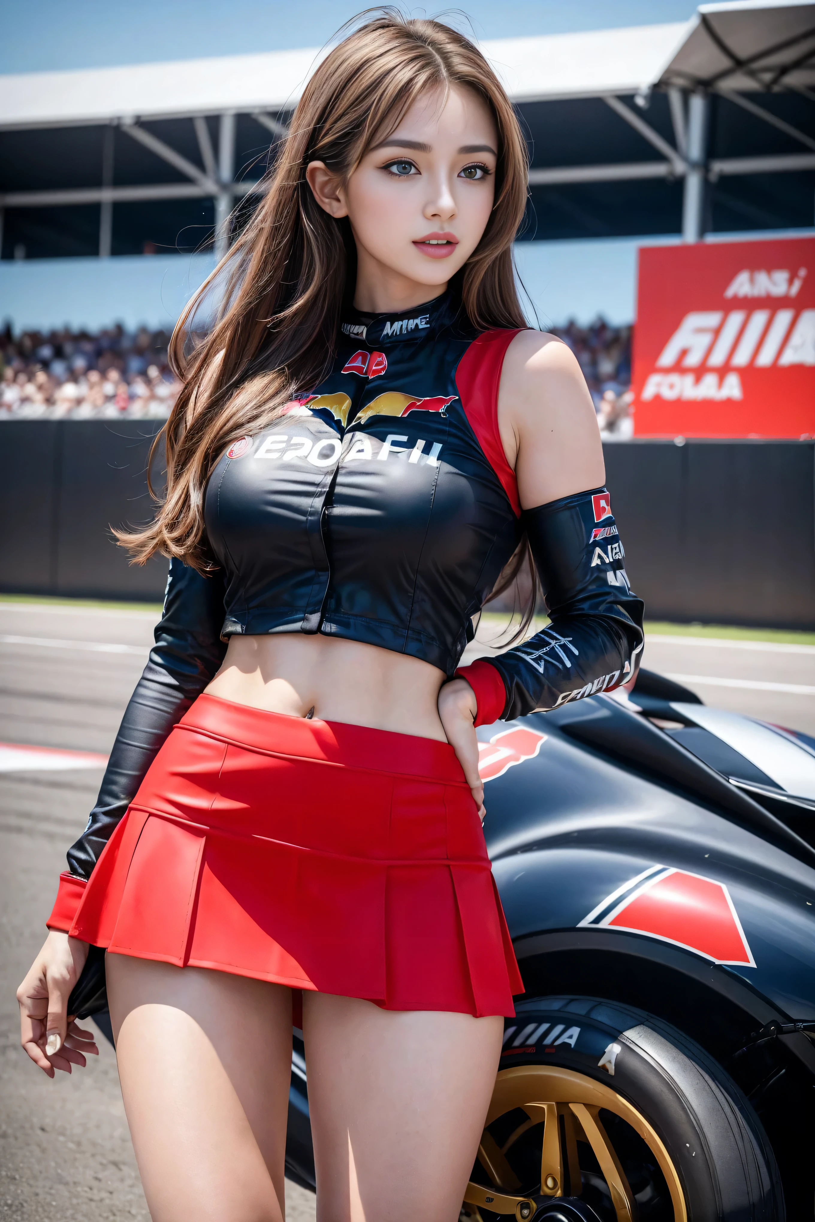 Top Quality, Ultra High Resolution, (Photorealistic: 1.4), (Pink Long Hair: 1.3), (Azure Lane\), One Girl, (Kpop Idol), Watch Audience, Detailed Face, Contrappost, Smooth Skin, Perfect Anatomy Professional Lighting, Futuristic Fashion, Streetwear, High-Tech Fabric, Racing Suit, Fireproof Material, Elbow and knee pads, racing gloves, personalized embroidery, mini skirt, belly button, brown hair, Suzuka circuit, circuit home straight, race track, international circuit, supergt, big breasts, big, race queen