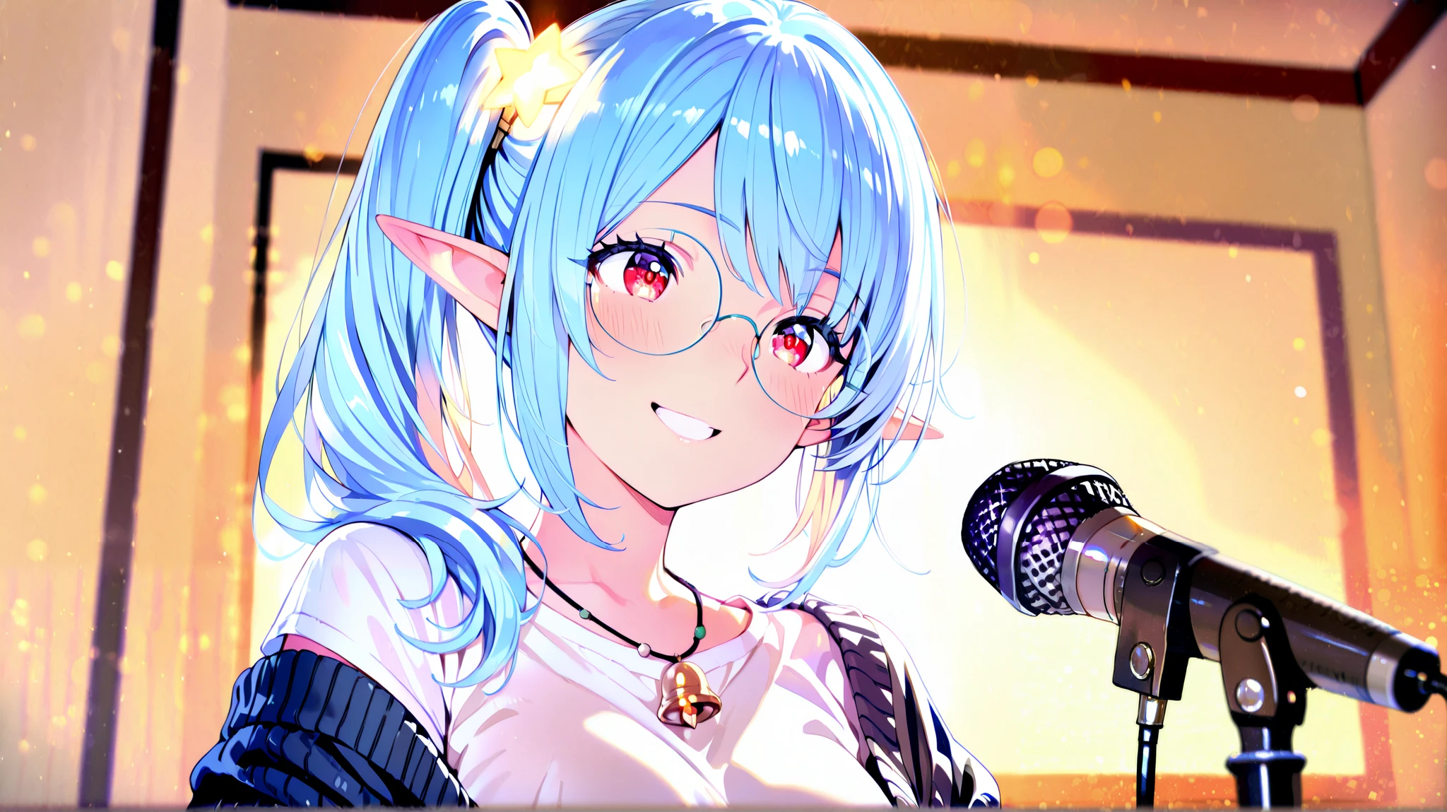 "A blue-haired elf girl with her hair tied in a side ponytail on the left. Her red eyes feature a bright yellow star at the center, glowing with a mystical charm. She wears oval glasses, a black open sweater over a white t-shirt, and a necklace with a small golden bell. Seated in a cozy studio, she speaks directly into a microphone with a playful smile and a flirtatious gaze. The scene is illustrated in anime style with warm tones, featuring soft and dim lighting. The composition highlights her expressive face with a shallow depth of field, creating an intimate and engaging atmosphere."