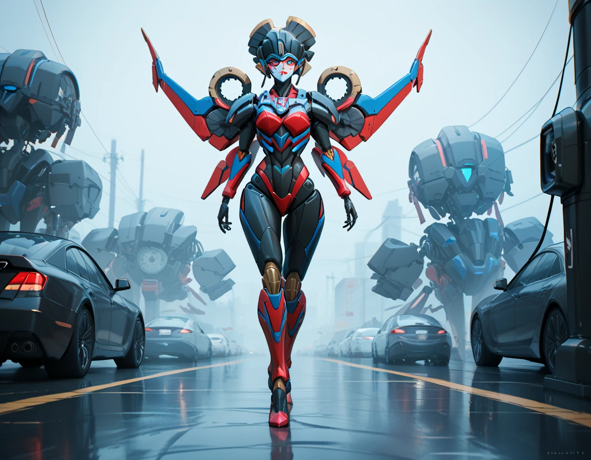 (Masterpiece, Superb Quality, Super Detailed, High Resolution), Male Focus, (((Kamen Rider Empty Me))), (Mechanized))), (Body Details), (She Has Long Red Hair, Big Breasts, Slim), (Standing Pose), Pose for Photo, Top View, City Ruins, Background Details, (((Full Body))), From Above, Solo