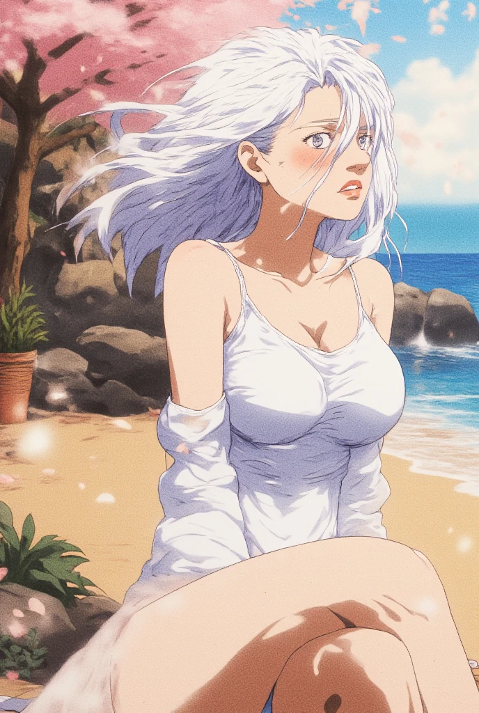 Urd, 1girl, solo, long hair, white hair, facial mark, blue eyes, sky, water, 1990s (style), swimsuit, barefoot, breasts, forehead mark, kneeling, cleavage, bikini, retro artstyle, tan, smile, large breasts, bra, traditional media,score_9,score_8_up,<lora:Kosuke Fujishima_XL_PONY_OM:0.9>,