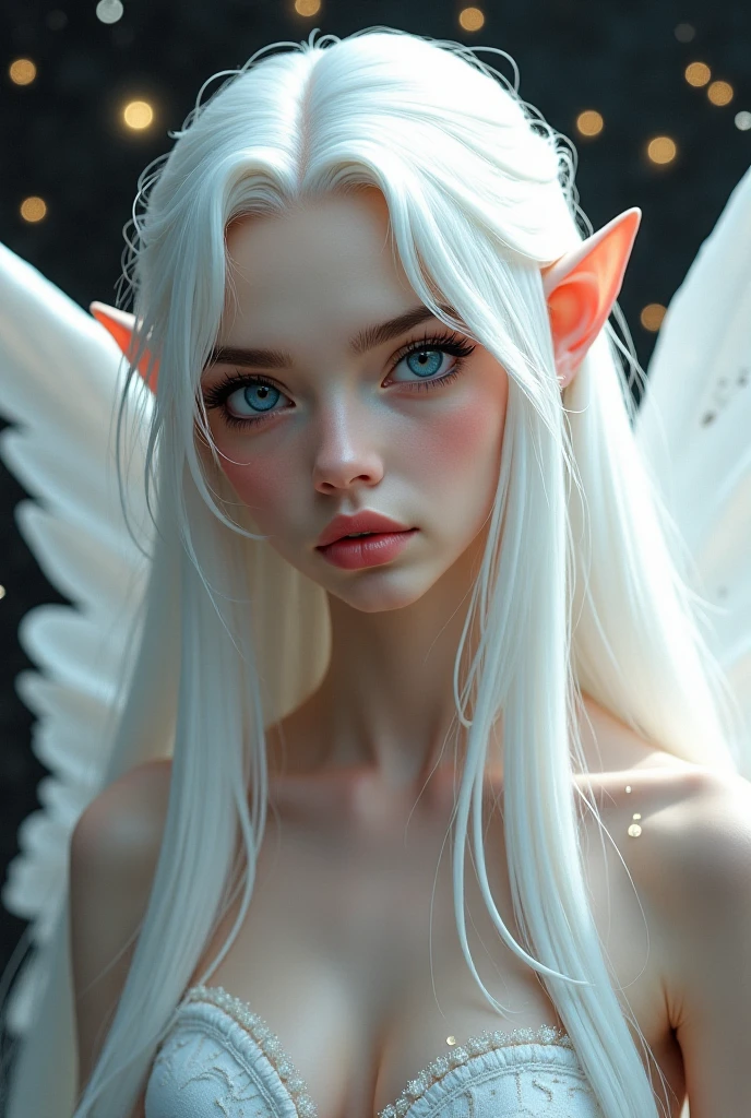 FEMALE with LILAC doe eyes, platinum blonde hair but long and slightly curly and elf ears with a tiny crystal diamond shaped SILVER gem on her forehead in the middle, pretty, sexy, fair skin very sensual and viex like. Plump lips, long lashes, beautiful. Angelic. Gorgeous. Small waist, Thigh gap, Wide hip, Bubble butt, Big perky breasts