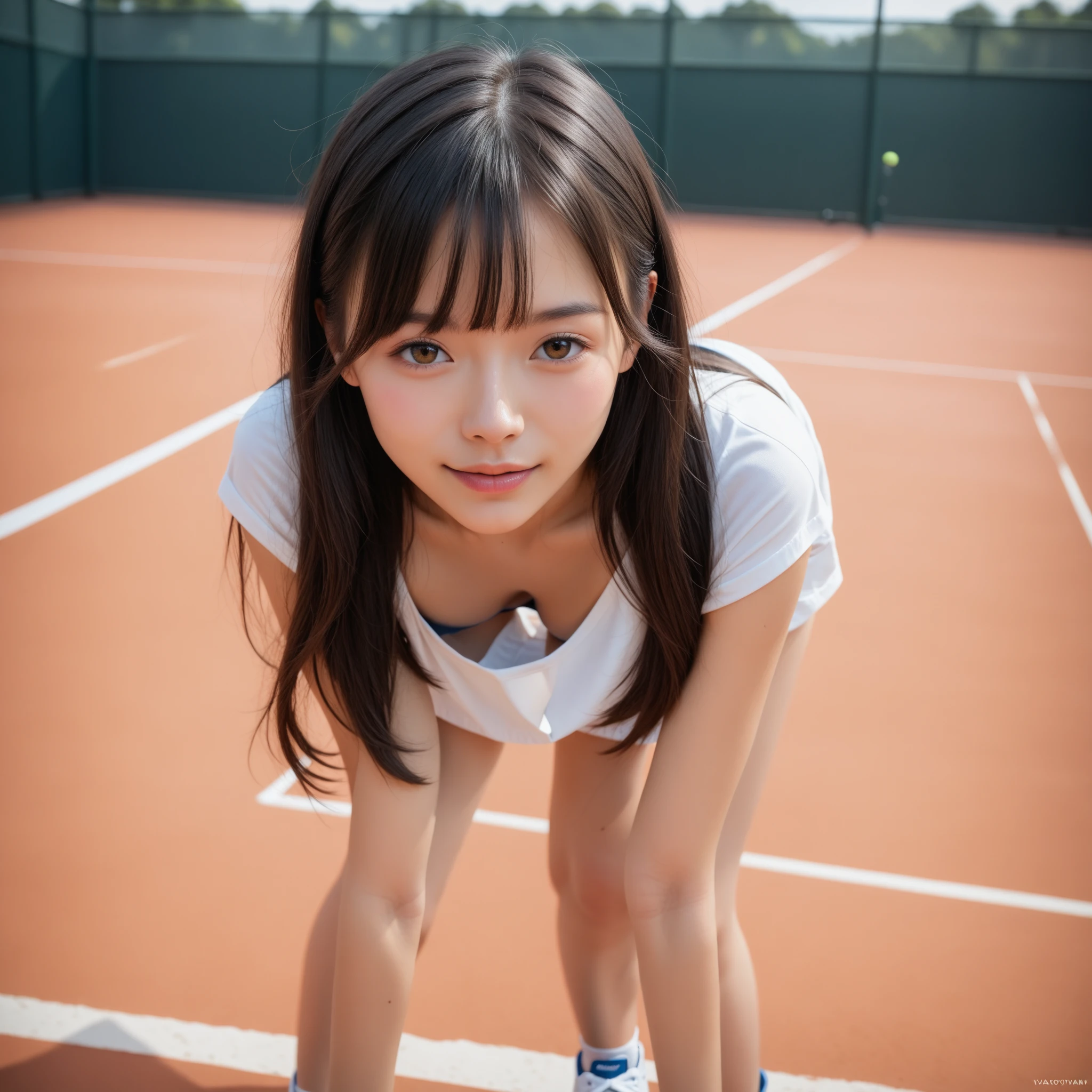 ((((whole body:1.3),1 girl, alone, Japanese Girls, Junior high school girl、12 years old, (highest quality, Realistic, High resolution, 8k, Very detailed, Detailed face, Shiny skin), Black Hair, ragged bangs, ponytail,smile,(whole bodyショット),Side Shot,Tennis player uniforms,Pink sneakers,Are standing,Tennis court,The face is looking at the viewer,Sit on the ground,knee up,White panties,Panty Shot,Perfect hands,Perfect legs,A dynamic pose